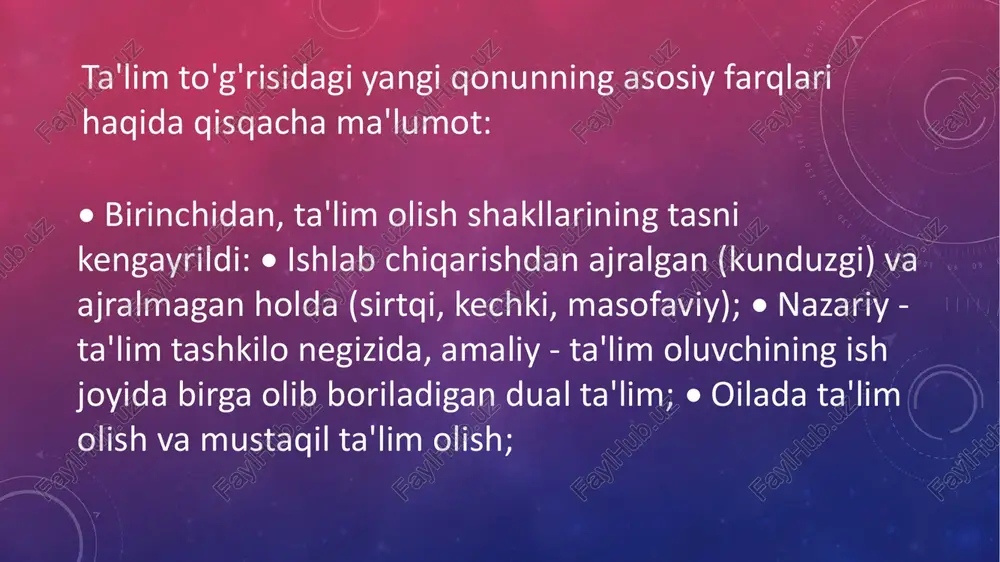 ish ko'zlanmoqda. shu bilan birga, 6 yoshli bolalarni maktabga tayyorlash tizimini joriy qilish davom ettiriladi. shu maqsadda 130 mlrd so'm mablag'ajratiladi. 2020 yilda 36ta yangi maktab qurilib, 216tasi kapital ta'mirdan chiqariladi. ushbu ishlarga esa 1,7 trln so'm mablag'sarflanishi rejalashtirilgan. joriy yilda 55ta xususiy maktab tashkil etilishi, ularning respublikadagi umumiy soni 141taga etkazilishi bildirildi. yuqori malakali o'qituvchilar maoshini yanada oshirish masalasi davom etadi. professional kasb-hunar ta'limda yangi tizim yo'lga qo'yiladi: 340ta kasb-hunar maktabi, 147ta kollej va 143ta texnikum tashkil etiladi. milliy malaka tizimi ishlab chiqiladi, natijada 9000ga yaqin kasblar bo'yicha kadrlar tayyorlanadi. xulosa xulosa shundan iboratki ta'lim tashkilotlarini attestasiyadan va davlat akkreditasiyasidan o'tkazish – ta'lim inspektsiyasi tomonidan 5 yil muddatga amalga oshiriladi. davlat akkreditasiyasidan o'tgan tashkilotlar maxsus reestrga kiritiladi, bu haqdagi ma'lumotlar ta'lim inspektsiyasining saytiga joylashtiriladi; xorijiy davlatda 1992 yil 1 yanvardan keyin olingan ta'lim to'g'risidagi hujjat tan olish, shuningdek ta'lim sohasidagi rasmiy hujjatlarga apostil qo'yish. tan olish va apostil qo'yish …