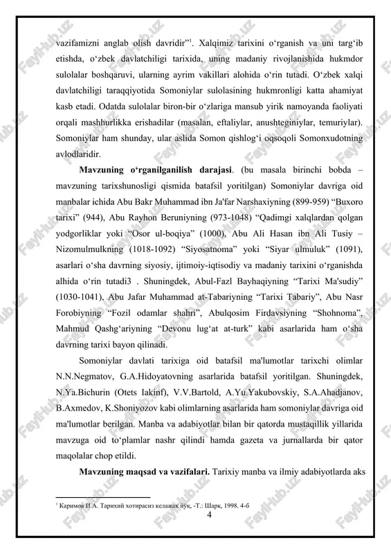 dan “dor al-juzjoniya”, “dor al-iyodiya”, “buxoro fiqh maktabi” kabi maktablar faoliyat olib borgan. ushbu davr yana shunisi bilan ajralib turadiki, bu davrda o‘lkada millatlararo o‘zaro totuvlik, e'tiqodiy xurlik va diniy bag‘rikenglik barqaror bo‘lgan[footnoteref:2]. mazkur kurs ishida qariyb bir yarim asr davomida movarounnahrda mustahkam imperiya sifatida hukmronlik qilgan somoniylar davridagi shu barqarorlik tarixi haqida ma'lumot berishni maqsad qildik. somoniylar davlatida ix asrning oxirlarida ijtimoiy-siyosiy va iqtisodiy sohalarda muhim o‘zgarishlar yuz bergani va bir necha yillar davomida tinch siyosat va sharoitlar hukmron bo‘lib turgani movarounnahrning asosiy ilmiy markazlaridan hisoblangan samarqand shahrida ilmiy jarayonlarning jonlanishiga zamin yaratdi[footnoteref:3]. samarqandning buyuk ipak yo‘lida joylashgani tijorat, san'at va ilm markazlaridan biriga aylanishiga sabab bo‘lgan. shuni alohida ta'kidlash mumkinki, somoniylar davrida samarqandda nafaqat islom dinining, balki boshqa dinlarning ham ta'lim markazlari faoliyat olib borgan. movarounnahr mintaqasining somoniylar davridagi tarixi haqida birinchilardan bo‘lib muhammad narshaxiy batafsil ma'lumot beradi. muhammad narshaxiyning “buxoro tarixi” kitobi somoniylar davlatining poytaxti – buxoro …