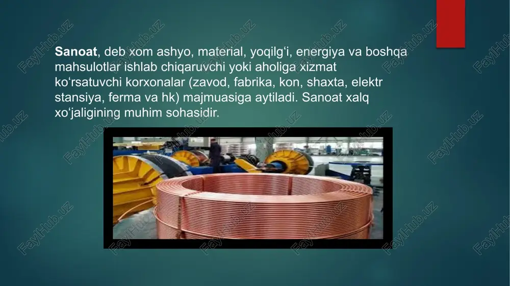 lchedani, bor rudalari, fosfat xom ashyosi qazib olish) sanoati; 5) gidromineral suvlar (mineral yer osti suvlari, suv taʼminoti va boshqa maqsadlar uchun suv) olish sanoati. kon ishi qad. davrlardan beri maʼlum. 18-asr oxiri — 19-asr boshlaridan jadal rivojlana boshladi. 20-asr oxirlariga kelib dunyoda yiliga 5 mlrd. t dan ziyod koʻmir, 3 mlrd.t dan ziyod neft, 2,3—2,5 trln. m3 tabiiy gaz va 1 mlrd. t temir rudasi qazib olinmoqda. boshqa turdagi mineral xom ashyoni qazib olish hajmi kamroq. jumladan, dunyoda keyingi vaqtda yiliga 2,2—2,3 ming t oltin qazib olinmoqda. jahonda uran yetkazib beruvchi yirik mamlakatlar qatoriga kanada, avstraliya va jar, kaliy toʻzlari boʻyicha kanada va germaniya davlatlari kiradi. temir rudasini qazib olish iqtisodiy rivojlangan mamlakatlarda ham (aqsh, kanada, avstraliya, jar, shvetsiya, shuningdek, rossiya va ukraina), rivojlanayotgan mamlakatlarda ham (xitoy, braziliya, hindiston, venesuela, liberiya) keng miqyosda amalga oshirilmoqda. xalqaro geografik mehnat taqsimotining chuqurlashishi va yanada rivojlanishi dunyoda 6 ta yirik kon sanoati …