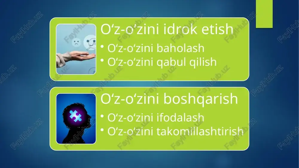 zga bo‘lgan ishonchingizni oshirishingiz va o‘z-o‘zingizni hurmat qilishingiz mumkin. o‘z-o‘zini rivojlantirish va o‘rganish (self-development and learning): o‘z-o‘zini rivojlantirish o‘z-o‘zini anglashning muhim qismidir. o‘zingizni rivojlantirish orqali o‘zingizning kuchli tomonlaringizni mustahkamlashingiz va zaif tomonlaringizni yengishingiz mumkin. yangi bilim va ko'nikmalarni o‘rganish,o‘z ustida ishlash va o‘z maqsadlaringizga erishish o'z-o'zini rivojlantirishning muhim elementlaridir. psixologik yordam va terapiya (psychological help and therapy): agar o‘z-o‘zini anglash bilan bog‘liq muammolarni o‘zingiz yenga olmasangiz, psixolog yoki psixoterapevtga murojaat qilishingiz mumkin. mutaxassis sizga o‘zingizni tushunishga, o‘z-o‘zingizni qabul qilishga va o‘z-o‘zingizni boshqarishga yordam beradi. psixoterapiya sizga o‘z his-tuyg'ularingizni, fikrlaringizni va xatti-harakatlaringiznitushunishga, o‘z muammolaringizni yengishga va o‘z hayotingizni yaxshilashga yordam beradi. ijtimoiy qo‘llab-quvvatlash va munosabatlar (social support and relationships): o‘z-o‘zini anglash jarayonida yaqinlaringizning qo'llab-quvvatlashi muhim ahamiyatga ega. yaqinlaringiz bilan o‘z his-tuyg‘ularingizni, fikrlaringizni va muammolaringizni baham ko'rish orqali o‘zingizni yaxshiroq his qilishingiz mumkin. o‘z-o‘ziga g‘amxo‘rlik va sog‘lom turmush tarzi (self-care and healthy lifestyle): o‘z-o‘ziga g‘amxo‘rlik qilish o‘z-o‘zini anglashning muhim qismidir. o'zingizga g‘amxo‘rlik …