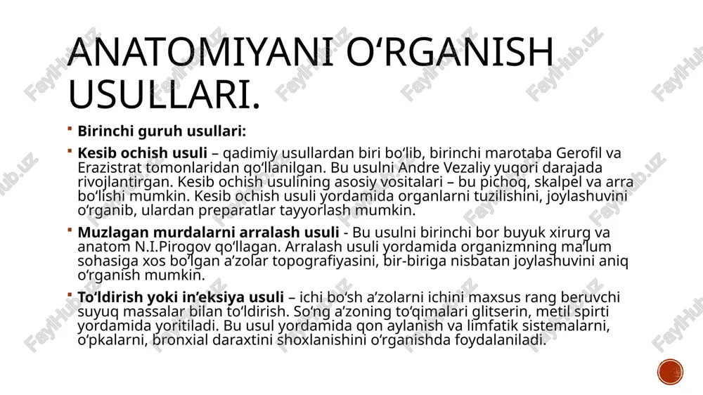 va to‘r pardani, o‘n ikki barmoqli ichakni va ichak tutqichidagi limfa tomirlarini tuzilishini tasvirlagan. abu ali ibn sino (980-1037) yevropada avitsenna nomi bilan mashxur bo‘lgan. u buxoro shahrining afshona qishlogʻida tug‘ildi. 985 yilda ibn sino 5 yoshligida ota-onasi buxorodagi madrasaga berishdi. mustaqil ravishda yosh ibn sino gippokrat, galen, aristotel, abu-bakra asarlarini o‘rgandi. 17 yoshligidanoq ko‘p fanlarni mukammal o‘rgandi va yetuk 9 olim bo‘lib yetishdi. 997 yili buxoro amiri nux ibn mansurni kasalini davolagani evaziga amir saroyidagi kitobxonadan foydalanishga ijozat oldi. anatomiya fani rivojlanishining qisqacha tarixi. leonarda da vinchi (1452-1519) – buyuk rassom va olim, anatomiya, mexanika, matematika fanlari bilan shug‘ullangan odam tanasini tuzilishini o‘rganish maqsadida murdalarni yorib, 400 yaqin muskullarni ajratib preparovka qilgan va ularni rasmlarini albomga chizgan va plastik anatomiyaga asos solgan. fan sifatida anatomiyaning asoschisi va reformatori a. vezaliy hisoblanadi. zehni baland, talantli a.vezaliy luven va parijda oʻqib, 1538 yilda paduan universitetiga anatomiya kafedrasiga professorlik lavozimiga taklif etiladi. …