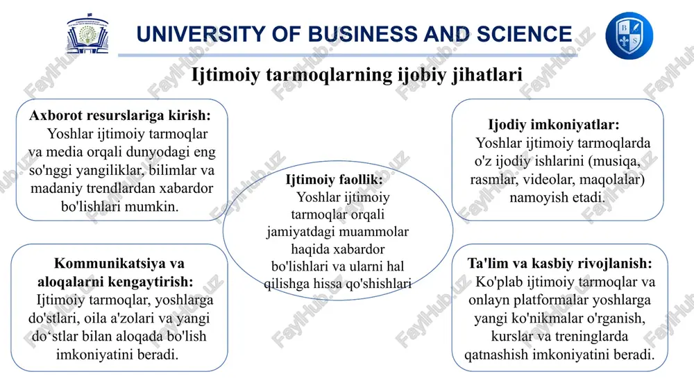 , troyanlar kabi dasturlar orqali ma'lumotlarni buzish yoki blokirovka qilish fishing (phishing) — foydalanuvchilarni aldab shaxsiy ma'lumotlarni olish ichki tahdidlar — tashkilot ichidagi shaxslar tomonidan ma'lumotlarni suiiste'mol qilish yoki o'g'irlash university of business and science axborot xavfsizligini ta'minlash uchun choralar xavfsizlik siyosatini ishlab chiqish — tashkilotda ma'lumotlarni himoya qilish bo'yicha qoidalar va tartiblarni belgilash xodimlarni o'qitish — xodimlarni xavflar va ularga qarshi kurashish usullari haqida ma'lumot berish texnik himoya — firewall, antivirus dasturlari, shifrlash kabi texnologiyalarni qo'llash zaxira nusxalash — ma'lumotlarni muntazam ravishda zaxiralash va ularni qayta tiklash imkoniyatini ta'minlash university of business and science oʻzbekistonda axborot xavfsizligi sohasini tartibga soluvchi hujjatlar 1. "axborot xavfsizligi toʻgʻrisida"gi qonun 2. "shaxsiy maʼlumotlarni himoya qilish toʻgʻrisida"gi qonun 3. "kiberxavfsizlik toʻgʻrisida"gi qonun 4. "elektron hukumat toʻgʻrisida"gi qonun 5. "telekommunikatsiya toʻgʻrisida"gi qonun university of business and science oʻzbekistonda axborot xavfsizligi sohasini tartibga soluvchi hujjatlar xalqaro huquqiy hujjatlar budapeşt konvensiyasi (2001 yil) — kiberjinoyatchilikka qarshi konvensiya …