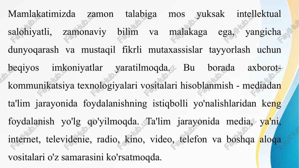 . 1922 yilda media-ta’lim bo’yicha birinchi milliy konferentsiyasi fransiyada bo’lib o’tdi.2011-yilda yunesko 1970-yillardan buyon «media ta’limi» atamasini rasmiy va butun dunyo bo’ylab tarqatish uchun mas’ul bo’lgan muassasa muhim o’zgarishlarni amalga oshirdi. yunesko (birlashgan millatlar tashkilotining ta’lim, fan va madaniyat masalalari bo‘yicha tashkiloti) media ta’lim (media va axborot savodxonligi) sohasida ko‘plab muhim tashabbus va loyihalarni amalga oshirib kelmoqda. bu sohadagi asosiy maqsadi-fuqarolarning, ayniqsa yoshlarning, oav (ommaviy axborot vositalari) va raqamli texnologiyalarni tanqidiy tahlil qilish, tushunish, va mas'uliyatli tarzda foydalanish ko‘nikmalarini rivojlantirishdir. quyida yuneskoning mediata’lim sohasidagi asosiy ishlari keltirilgan: 1. media va axborot savodxonligi (mil-media and information literacy) konsepsiyasini ilgari surish yunesko butun dunyoda media and information literacy (mil)islohotini ilgari surmoqda. mil-degani odamlarning axborotni topish, tahlil qilish, baholash va undan oqilona foydalanish, shuningdek, o‘z fikrini bildirish va ishtirok etish qobiliyatini rivojlantirishdir. 2. media va axborot savodxonligi bo‘yicha global siyosat va strategiyalarni amalga oshirmoqda,jumladan: yunesko turli mamlakatlarda mil siyosatlarini ishlab chiqishiga yordam beradi. …
