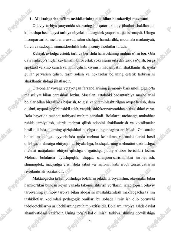 di. mttning asosiy pedagogik vazifasi – bolalarni yuksak ma’naviy-axloqiy ruhda tarbiyalash va ularni maktabda o‘qishga har tomonlama tayyorlashda ota-onalarga muntazam ravishda yordam ko‘rsatishdan iborat. maktabgacha ta`lim tashkiloti xodimlarining eng birinchi vazifasi – mtt tarbiyalanuvchilarining ota-onalari va oilasining boshqa a’zolari ongida bola tarbiyasida oila birinchi darajali ahamiyatga egaligi va har bir oila bolalarining faollashuvida oilaviy va ijtimoiy tarbiyaning birligiga erishilgandagina kutilgan natijaga olib kelishiga chuqur ishonch uyg`otishdir. mtt ota-onalarda pedagogik bilimlar asosini yaratadi. ularda tarbiya haqidagi fanga qiziqish uyg`otadi. o‘z bilimlarini doimo kengaytirish istagini va unga intilish hissini uyg`otadi. keyinchalik esa maktab pedagogik umumta’limiga kirishib ketish hissini uyg`otadi. maktabgacha ta`lim tashkilotlarida ta’lim-tarbiyani har tomonlama, jumladan, ma’naviy, axloqiy, aqliy, estetik, jismoniy va mehnat tarbiyalari birgalikda olib borilib, bola maktabga chiqariladi. bola mttda olgan bilimlarini maktabda davom ettirishga shundagina qiynalmaydi. aql keng ma’noda sezish, idrok etishdan boshlanadigan tafakkur va xayolni o‘z ichiga oladigan jarayondir. bolalarni maktabga tayyorlashda aqliy tarbiyaning o‘rni katta. bilimlar zahirasini …