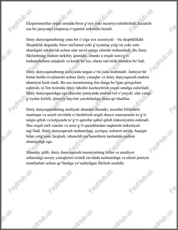 lm-fan va falsafiy bilimlar rivoji uchun markazga aylandi. al-xorazmiy matematika va algebra sohasida muhim kashfiyotlar qildi, ibn sinoning tibbiyot bo‘yicha yozgan asarlari esa ko‘p asrlar davomida qo‘llanilib keldi. bu davrdagi ilmiy dunyoqarashning rivoji yevropa uyg‘onish davri uchun mustahkam poydevor bo‘lib xizmat qildi. xvi asrga kelib, yevropa uyg‘onish davri bilan birgalikda ilmiy dunyoqarash yana bir bor tezko‘p rivojlandi. kopernikning geliotsentrik tizimi, galileyning teleskop kashfiyoti va keplerning sayyoralar harakati haqidagi qonunlari yangi era uchun eshik ochdi. nyuton va uning mexanika qonunlari tabiat haqidagi ilmiy dunyoqarashni tubdan o‘zgartirdi. xix va xx asrlarda ilmiy dunyoqarash texnologik inqilob va yangi fanlar — fizika, kimyo, biologiya, geologiya, astronomiya kabilarning rivojlanishi bilan tobora kengayib bordi. darvinning evolyutsiya nazariyasi va eynshteynning nisbiylik nazariyasi hozirgi zamon ilm-fani uchun asos bo‘lib xizmat qilmoqda. nazariy kashfiyotlar va texnologiyalarning rivojlanishi ilmiy tafakkurning amaliy vertikal integratsiyasi sifatida dunyoqarashni yanada kengaytirib berdi. ilmiy dunyoqarashning shakllanishi uzoq davom etgan va turli sivilizatsiyalar o‘rtasida yuz bergan …