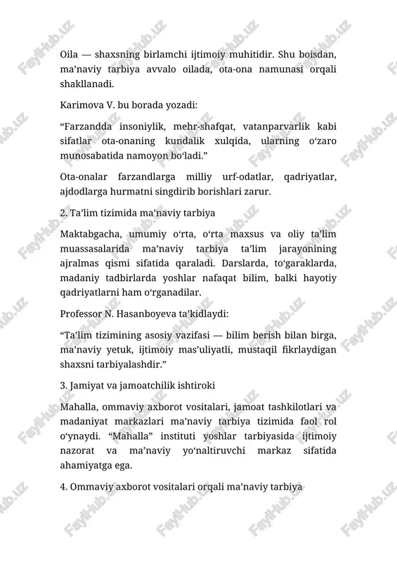 ntirish. 4. katta yosh davri – o‘z ustida ishlash, ijtimoiy mas’uliyat, boshqalar uchun namunali bo‘lish. bu bosqichlar o‘zaro uzviy bog‘langan bo‘lib, insonning ma’naviy barkamollikka intilish yo‘lida izchil rivojlanishini ta’minlaydi. uzluksiz ma’naviy tarbiyaning jamiyat rivojidagi o‘rni ma’naviy tarbiya — bu jamiyatni axloqiy jihatdan barqarorlashtiruvchi kuchdir. agar jamiyatda ma’naviyat kuchli bo‘lsa, unda jinoyatchilik, zo‘ravonlik, befarqlik kabi illatlar kamayadi. shu sababli, davlat siyosatida ma’naviyat masalasi doimo ustuvor o‘rinda turadi. prezident sh.m. mirziyoyev bu haqda shunday degan: “jamiyatda ma’naviy muhitni sog‘lomlashtirish — bu kelajakka sarmoya. ma’naviyat bo‘lmagan joyda hech qanday taraqqiyot bo‘lishi mumkin emas.” zamonaviy sharoitda ma’naviy tarbiyaning dolzarb masalalari bugungi kunda yoshlarning g‘oyaviy immunitetini kuchaytirish, internet madaniyatini shakllantirish, axborot xurujlariga qarshi mafkuraviy himoya tizimini yaratish eng dolzarb masalalardandir. shu maqsadda o‘quv muassasalarida “ma’naviyat soati”, “oila va qadriyat” darslari yo‘lga qo‘yilmoqda. pedagogik psixologlar ta’kidlashicha, yoshlar bilan ishlashda faqat nasihat emas, balki dialog, motivatsion yondashuv, shaxsiy namuna muhim ahamiyat kasb etadi. uzluksiz ma’naviy tarbiya konsepsiyasi …