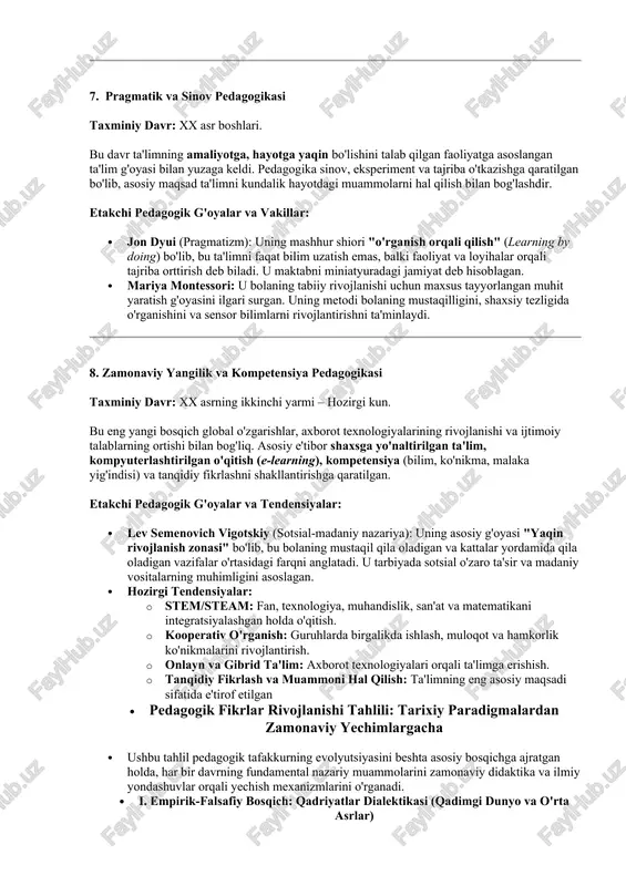 oyasi "mehnat, aql va axloq" birligiga asoslangan. pestalotsi kambag'al bolalar uchun maktablar ochib, ko'rgazmali va faoliyatga asoslangan o'qitish usullarini, shuningdek, bolaning onasining muhabbati va oilaviy muhitning muhimligini ta'kidlagan. · iogann fridrix gerbart: pedagogikani falsafa (axloq nazariyasi) va psixologiya bilan bog'lab, uni ilmiy asosga qo'ygan. u ta'limning to'rt bosqichini (aniqlik, assotsiatsiya, tizimlash, metod) ishlab chiqib, o'qitish nazariyasiga katta hissa qo'shgan. · konstantin dmitriyevich ushinskiy: rus pedagogikasining asoschisi. u "xalq pedagogikasi" g'oyasini ilgari surib, ta'lim jarayonini xalq tili, urf-odatlari va qadriyatlari bilan uzviy bog'lash zarurligini isbotladi. 7. pragmatik va sinov pedagogikasi taxminiy davr: xx asr boshlari. bu davr ta'limning amaliyotga, hayotga yaqin bo'lishini talab qilgan faoliyatga asoslangan ta'lim g'oyasi bilan yuzaga keldi. pedagogika sinov, eksperiment va tajriba o'tkazishga qaratilgan bo'lib, asosiy maqsad ta'limni kundalik hayotdagi muammolarni hal qilish bilan bog'lashdir. etakchi pedagogik g'oyalar va vakillar: · jon dyui (pragmatizm): uning mashhur shiori "o'rganish orqali qilish" (learning by doing) bo'lib, bu ta'limni faqat …