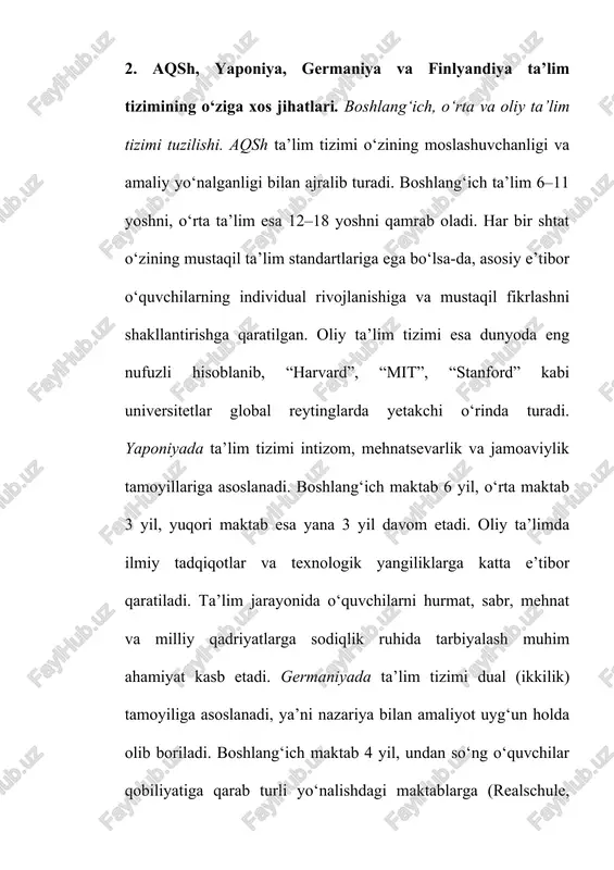 , biroq ularning barchasi yagona yevropa sifat standartlariga moslashtirilgan. finlyandiyada esa o‘quvchilar uchun majburiy milliy testlar yo‘q — bu mamlakatda baholash tizimi o‘quvchilarning shaxsiy rivojlanishi va individual yutuqlarini o‘lchashga qaratilgan. ta’lim muassasalarining reyting tizimi ham muhim ahamiyatga ega. universitet va maktablarning reytingi o‘qituvchilar malakasi, ilmiy faoliyat, o‘quvchilarning erishgan yutuqlari hamda innovatsion yondashuvlar asosida belgilanadi. ta’limdagi sifat standarti va nazorat organlari faoliyati. rivojlangan mamlakatlarda ta’lim sifati maxsus tashkilotlar va mustaqil agentliklar tomonidan nazorat qilinadi. aqshda “department of education” (ta’lim departamenti) hamda turli akkreditatsiya agentliklari ta’lim dasturlarining sifatini muntazam tekshiradi. yaponiyada ta’lim, madaniyat, sport, fan va texnologiya vazirligi (mext) barcha o‘quv dasturlarining milliy standartlarga muvofiqligini nazorat qiladi. germaniyada ta’lim sifati federal yerlar darajasida boshqariladi va “ständige konferenz der kultusminister” (kmk) orqali yagona me’yorlar ishlab chiqiladi. finlyandiyada esa “national agency for education” ta’lim dasturlarining sifatini ta’minlash, o‘qituvchilarni qo‘llab-quvvatlash va innovatsion metodlarni joriy etish bilan shug‘ullanadi. bu mamlakatlarda ta’lim sifati faqat o‘quvchi natijalariga emas, …