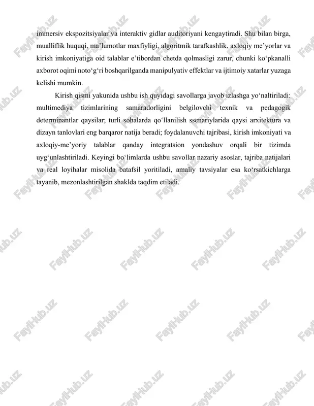 video, animatsiya hamda interaktiv boshqaruv elementlarini — yagona semantik makon va texnik arxitekturaga integratsiyalash jarayoni sifatida talqin qilinadi. bu integratsiya uch qatlamli model orqali tushuntiriladi: kontent qatlamida multimodal ma’lumotlar to‘plami va ularning semantik bog‘lanishi; taqsimlash–ishlov berish qatlamida kodlash, siqish, sinxronlash, transkodlash, kechikishni boshqarish va tarmoqlar bo‘ylab uzatish; interfeys qatlamida esa foydalanuvchi–tizim o‘zaro ta’sirini ta’minlaydigan hci prinsiplari, signallarni ko‘rish–eshitish organlari bilan uyg‘unlashtirish va kognitiv ergonomika. shu uchlik o‘zaro moslashganda multimediya tizimlari nafaqat “ko‘p formatli” taqdimot, balki ma’lumotni anglash va qayta ishlashga xizmat qiladigan kognitiv vosita sifatida ishlaydi. mazmuniy jihatdan multimediya ikki tipdagi bog‘lanishga tayangan: sinxron bog‘lanish real vaqt rejimida audio–video oqimlar, subtitr va interaktiv triggerlar orasidagi aniq vaqt moslashuvini talab qiladi; asinxron bog‘lanish esa sahifa, slayd yoki sahna darajasida kontent segmentlari o‘rtasidagi semantik izchillikni ta’minlaydi. kodlash–siqish algoritmlari (masalan, audio uchun pcm, mp3, aac; video uchun mpeg-2, h.264/avc, h.265/hevc, av1) axborot hajmini qisqartirgan holda idrok sifati va o‘tkazuvchanlik o‘rtasida muvozanat yaratadi. oqimli …