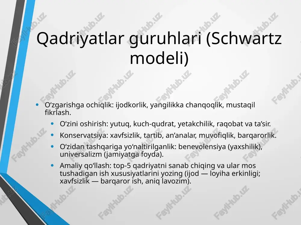tlashtirish dalillar: sertifikatlar, loyihalar, hisobotlar, prezentatsiyalar, kod/ma’lumotlar havolalari. star usuli: situation–task–action–result bo‘yicha 3–5 ish namunasi yozuvini tayyorlang. qadriyatlar izohi: har bir loyiha qay qadriyatni ifodalaganini 1–2 jumlada ko‘rsating. ish beruvchi qadriyatlar-moslik dalillarini so‘rashi mumkin. case study: moslik asosida yo‘nalish tanlash vaziyat: a. ismli talaba uchun top-5 qadriyat — ijod, mustaqillik, foyda, o‘sish, ijtimoiy ta’sir. variantlar: grafik dizayn (frilans), marketing (agentlik), ijtimoiy loyiha menejmenti (nnt). baholash: frilans — yuqori mustaqillik va ijod; agentlik — o‘sish va jamoa; nnt — ijtimoiy ta’sir va ma’no. tanlov: 6 oy agentlikda stajirovka + paralel frilans portfel; 9-oyda qayta baholash. real hayotga yaqin, lekin generalizatsiya qilingan misol. xatoliklar, tavsiyalar va xulosa keng tarqalgan xatolar: faqat maoshni mezon qilish; boshqalarning bosimi ostida tanlash; test natijalarini mutlaq haqiqat deb qabul qilish. tavsiyalar: qadriyatlar–kasb mosligini bir necha manbada tekshirish; qisqa tajribalar (stajirovka); mentorlik. xulosa: barqaror motivatsiya va kasbiy qoniqish — qadriyatlar va ish muhitining uyg‘unligidan boshlanadi. rejangizni 3 oyda …