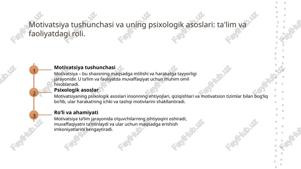 ir qiluvchi muhim omil bo‘lib, ular insonlarning qadriyatlari, an'analari va ijtimoiy muhitiga asoslanadi. mahalliy va global madaniyatlar motivatsiya darajasiga turlicha ta'sir ko‘rsatadi. 2 mahalliy va global kontekst mahalliy madaniyatlar, an'analar va urf-odatlar motivatsiya shakllanishida muhim rol o‘ynaydi. global tendensiyalar esa yangi motivatsiya modellari va yondashuvlarni shakllantiradi. 3 analitik yondashuvlar madaniy faktorlarning motivatsiyaga ta'sirini baholash uchun statistik va sifatli metodlar qo‘llaniladi. bu yondashuvlar orqali madaniyatlarning roli chuqurroq tushuniladi. o'zbekiston ta'lim muhitida motivatsiya diagnostikasining innovatsion usullari va qo'llanmalari innovatsion metodlar kulturologik yondashuvlar amaliy qo’llanma va yangiliklar o'zbekiston ta'lim muhitida motivatsiya diagnostikasi uchun raqamli texnologiyalar va interaktiv metodlar qo'llaniladi, bu esa aniqlik va jarayonni tezlashtiradi. madaniyat va an'analar asosida motivatsiya o'lchash metodlari ishlab chiqilmoqda, ular talabaning shaxsiy va ijtimoiy rivojlanishini qo'llab-quvvatlaydi. innovatsion usullar uchun amaliy qo’llanmalar va metodikalar ishlab chiqilmoqda, ular muhitga moslashtirilgan va o'qituvchilarga yordam beradi. xulosa 01 motivatsiya nazariyalari va rivojlanish yo‘llari motivatsiya inson faoliyatining asosiy mexanizmi bo‘lib, uning rivojlanishi shaxsiy …