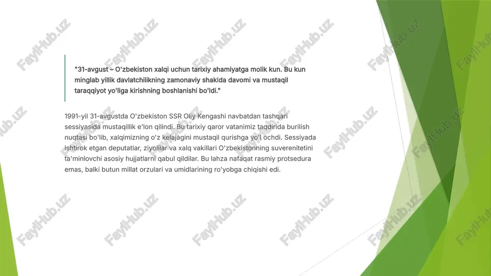 adi. konstitutsiya qabul qilinishi davlatchiligimiz tarixida muhim voqea bo'lib, demokratik huquqiy davlat qurishning mustahkam huquqiy asosini yaratdi. 01 davlat tuzilishi va suverenitet o'zbekiston suveren, demokratik, huquqiy, ijtimoiy va dunyoviy davlat ekanligi konstitutsiyada mustahkamlangan. davlat hokimiyati xalq irodasiga asoslanadi va uch mustaqil tarmog'a – qonun chiqaruvchi, ijro etuvchi va sud hokimiyatiga – bo'lingan. bu tamoyil davlat boshqaruvida muvozanat va nazorat tizimini ta'minlaydi. 02 inson huquqlari – oliy qadriyat konstitutsiyaning eng muhim jihati inson huquqlari va erkinliklarini oliy qadriyat deb e'lon qilishidir. har bir fuqaroning hayot, erkinlik, shaxsiy daxlsizlik, mulk, fikr va so'z erkinligi, din va e'tiqod erkinligi hamda boshqa asosiy huquqlari qat'iy himoyalanadi. davlat inson huquqlarini ta'minlash va himoya qilishga majburdir. 03 qonun ustuvorligi prinsipi qonun ustuvorligi – demokratik davlatning asosiy tamoyili sifatida konstitutsiyada mustahkamlangan. barcha fuqarolar, mansabdor shaxslar, davlat organlari va tashkilotlar qonunlarga bo'ysunishi shart. hech kim, hatto davlat boshlig'i ham qonundan ustun turmasligi ta'minlanadi. bu printsip adolatli jamiyat qurishning …