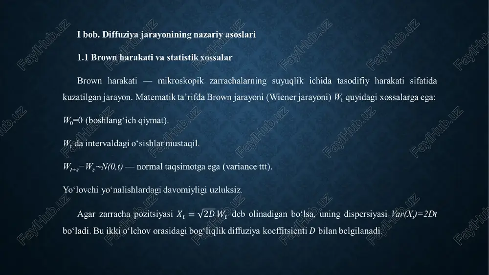 hujayra ichida yoki to‘qimada tarqalishi logistika, reaksiya va diffuziyaga bog‘liq. toksikant tarqalishi, hujayra signallari yoki o‘sish omillarining konsentratsiyasi cdf orqali baholanadi. klinik amaliyotda dori dozasini aniqlashda bu modellar qo‘llanadi. 4.4 moliyaviy matematika: black–scholes va stokastik volatillik black–scholes pde — stokastik jarayonlardan hosil bo‘lgan qiymatlarning evolyutsiyasini ifodalaydi. aksiyaning log-narxi brown harakati sifatida modellashtiriladi: black–scholes formula derivatsiyasi fokker–planck va backward pde metodlaridan kelib chiqadi. shuningdek, volatillikni diffuziyaga bo‘yash (stochastic volatility) modellari (heston kabi) real bozorda qo‘llaniladi. v bob. sonli modellashtirish va algoritmlar analitik yechim har doim mavjud bo‘lmasligi sababli sonli usullar zarur. quyida asosiy sonli usullar batafsil bayon etilgan. 5.1 monte–karlo simulyatsiyasi g‘oya: zarrachalar jarayonini ko‘p martalab simulyatsiya qilib, ehtimollik zichligi va cdf ni statistik ravishda baholash. algoritm (soddalashtirilgan): boshlang‘ich shart x0=x0 ni belgilash. kichik vaqt qadami δt ni tanlash. har simulyatsiyada qadam uchun: bu yerda . katta m replikalar bajarilib, xt lar taqsimoti olinadi. histogram va kernel density estimation orqali va …