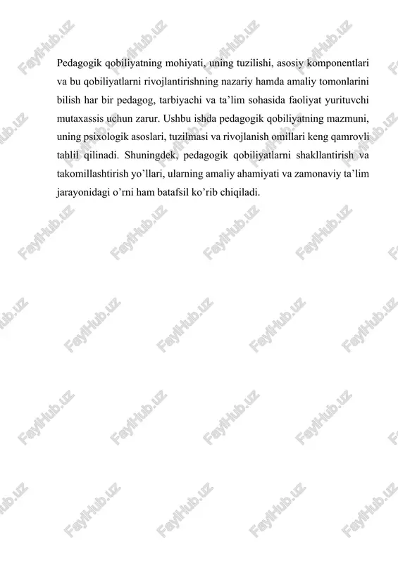 hisoblanadi. 2. pedagogik qobiliyatning asosiy komponentlari va tuzilishi pedagogik qobiliyat bir necha o’zaro bog’liq va bir-birini to’ldiruvchi komponentlardan iborat murakkab va ko’p qirrali tizimdir. har bir komponent alohida ahamiyatga ega bo’lib, ularning birgalikdagi uyg’unligi, muvozanatlashganligi va samarali ishlashi o’qituvchining professional faoliyatining yuqori darajada bo’lishini ta’minlaydi. pedagogik qobiliyatning asosiy komponentlari quyidagilardan iborat. birinchi va eng muhim komponent – didaktik qobiliyatdir. bu o’qituvchining o’z fani, mavzusi yoki tushunchasini tushunarli, aniq, mantiqiy ketma-ketlikda va qiziqarli tarzda bayon qila olish, murakkab va mavhum tushunchalarni oddiy, aniq va hayotiy misollar orqali tushuntirish, o’quvchilarning yosh va individual xususiyatlariga mos ravishda o’quv materialini tanlay olish qobiliyatidir. didaktik qobiliyat yuqori bo’lgan pedagog darsni shunday mahorat bilan tashkil etadiki, har bir o’quvchi, qobiliyati va bilim darajasidan qat’i nazar, mavzuni o’z imkoniyati doirasida qabul qiladi va tushunadi. bunday o’qituvchi darsda turli o’qitish uslublaridan oqilona foydalanadi, an’anaviy va zamonaviy usullarni uyg’unlashtiradi, vizual materiallar, interaktiv prezentatsiyalar, amaliy mashqlar va guruh ishlari kabi …