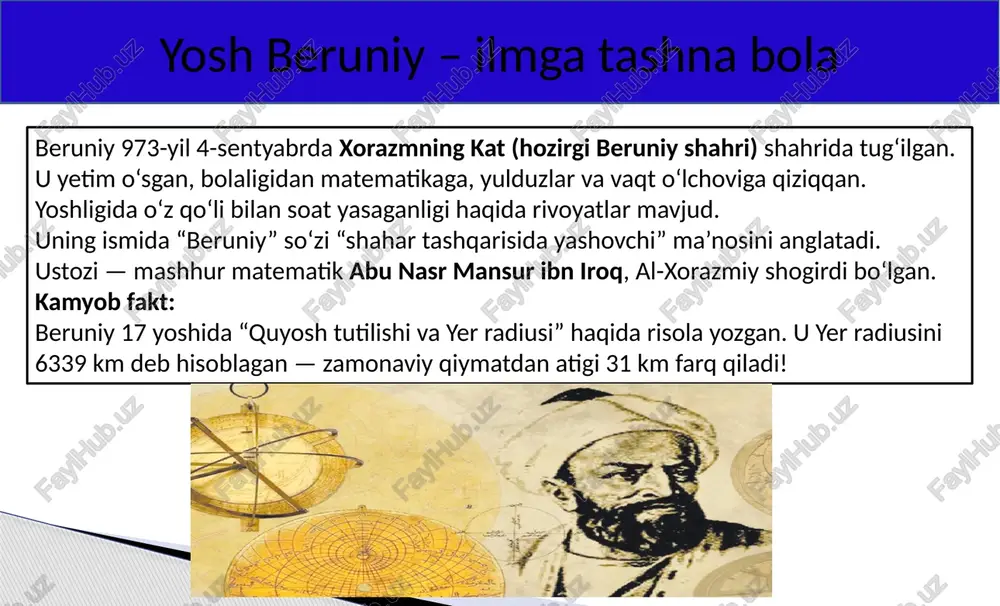 ni “hakam” emas, “kuzatuvchi” sifatida tutgan. u hind diniga va falsafasiga e’tiqodsiz, ammo adolat bilan yondashgan. kamyob fakt: beruniy arab tilida sanskritdagi murakkab atamalarni yangi so‘zlar bilan ifodalagan. masalan, u “karma” tushunchasini “amallarning oqibati” deb tarjima qilgan — bu tarjima keyinchalik yevropa tillariga ham asos bo‘lgan. ilmiy neytrallik — beruniy uslubi beruniy hindistonning geografik chegaralarini, daryolari, tog‘ tizmalari va iqlimini batafsil tasvirlagan. u hindistonni “uch tomondan dengiz, bir tomondan himolay bilan o‘ralgan yarim orol” deb atagan. u hindiston daryolari suvlari oqimini o‘lchagan va yillik suv sathining o‘zgarishini ilmiy tarzda izohlab bergan. kamyob fakt: beruniy hindiston xaritasini tuzishda quyosh balandligini o‘lchash usulidan foydalangan — bu zamonaviy geografik koordinatalarning dastlabki shaklidir. hindistonning tabiiy geografiyasi “hindiston” asarida qadimgi hind davlatchiligi, sulolalari, urushlar, diniy islohotlar haqida muhim tarixiy ma’lumotlar mavjud. beruniy “mahabharata” va “ramayana” dostonlaridan tarixiy dalillar sifatida foydalangan. u hind taqvimini o‘rganib, hind tarixini miloddan avvalgi davrlarga qadar aniqlagan. kamyob fakt: beruniy hind …