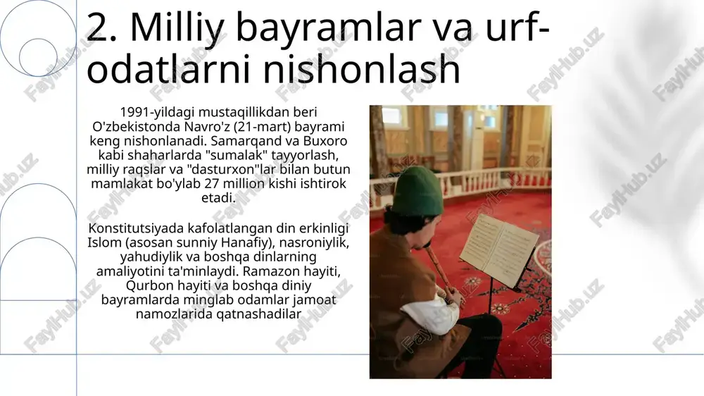 rivojlantirdi 15.islom institutlarining qayta tiklanishi hukumat nazorati va islomiy amaliyotning ayrim jihatlariga cheklovlarga qaramasdan, ma'naviy va madaniy ta'sir katta bo'ldi o'zbekistonning 1991-yildan keyingi mustaqilligi davrida 2000 dan ortiq masjid, buxoro mir-i-arab madrasasi kabi madrasalarni tiklash va toshkentda o'zbekiston musulmonlari boshqarmasini qayta tiklash orqali islom institutlarining sezilarli darajada jonlanishi kuzatildi, bu mamlakatning 90% dan ortiq musulmon aholisiga ta'sir ko'rsatdi 16.madaniy merosni saqlashdagi qiyinchiliklar 17.tarixiy yodgorliklar va joylarni muhofaza qilish o'zbekiston mustaqilligidan (1991) keyin 7000 dan ortiq tarixiy yodgorlik va joylarni, jumladan samarqand registon maydonini, buxoro poi kalyan majmuasini va xiva itchan qalasini saqlashga katta mablag' sarflandi e'tiboringiz uchun rahmat @taqdimot_robot image1.png image2.jpg image3.jpg image4.jpg image5.jpg image6.jpg image7.jpg image8.jpg image9.jpg image10.jpg image11.jpg image12.jpg image13.jpg image14.jpg image15.jpg image16.jpg image17.jpg image18.jpg