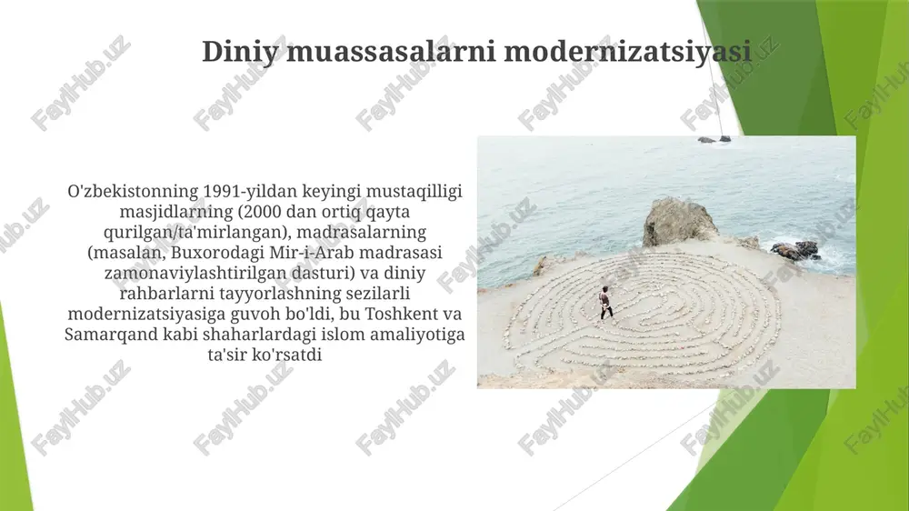 siqani (shashmaqom) va sahna san'atini (masalan, o'zbek milliy raqslari, 150 dan ortiq xalq ansambllari) saqlash tashabbuslari o'zbekistonda islom uyg'onishi o'zbekistonning boy islom merosi, jumladan, xattotlik, miniatyura va an'anaviy hunarmandchiligini saqlash va targ'ib qilish bilan birga, din amaliyotining ham jonlanishi kuzatildi o'zbekistonning 1991-yildan keyingi mustaqilligi davrida 2000 dan ortiq masjid, jumladan buxoro poʻi kalyan majmuasi va toshkent hazrati imom majmuasi tiklanishi bilan islom madaniyatining qayta tiklanishi kuzatildi, bu samarqand, xiva va fargʻona vodiysidagi millionlab odamlarning kundalik hayotiga taʼsir ko'rsatdi e'tiboringiz uchun rahmat @taqdimot_robot image1.jpg image2.jpg image3.jpg image4.jpg image5.jpg image6.jpg image7.jpg image8.jpg image9.jpg image10.jpg image11.jpg image12.jpg image13.jpg image14.jpg image15.jpg image16.jpg image17.jpg
