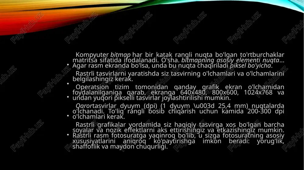 i faylga qatlamlarni qo'shish kabi mutlaqo professional xususiyatlarni qo'llab-quvvatlaydi. tasvirni qayta ishlashning ko'plab professional dasturlari bilan mosligi tufayli tiff turli xil kompyuterlar o'rtasida rasmlarni uzatish uchun juda qulaydir. psd (adobe photoshop) - bu adobe photoshop paketining standart formati va eng keng tarqalgan raster formatlaridan qatlamlarni saqlash qobiliyatidan farq qiladi. u ko'plab qo'shimcha o'zgaruvchilarni o'z ichiga oladi (ularning soni bo'yicha tiff dan kam emas) va ba'zida rasmlarni png-lardan ham ko'proq siqadi (fayl o'lchamlari kilobaytlarda emas, balki o'nlab va hatto yuzlab megabaytlarda o'lchanadigan holatlarda). psd fayllari eng mashhur tomoshabinlar tomonidan erkin o'qiladi. rasmlar raster grafikalar raqamlar qatori sifatida taqdim etilgan. tasvirning asosiy elementi nuqta. ekranda ushbu nuqta chaqiriladi piksel bo'yicha(inglizcha ifoda rasm elementidan - piksel). raqamli tasvirda har bir raster nuqta (piksel) bitta parametr - rang bilan ifodalanadi. "piksel qiymati" tushunchasi ko'rib chiqilganda bu nimani anglatadi. texnik va matematik rasterlarni ajratish kerak. texnik raster samolyotda butun sonli panjara bormi? masalan, tasvir televizor …