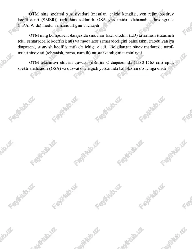 haydi otm ning komponent darajasida sinovlari lazer diodini (ld) tavsiflash (tutashish toki, samaradorlik koeffitsienti) va modulator samaradorligini baholashni (modulyatsiya diapazoni, susayish koeffitsienti) o'z ichiga oladi. belgilangan sinov markazida atrof-muhit sinovlari (tebranish, zarba, namlik) mustahkamligini ta'minlaydi otm tekshiruvi chiqish quvvati (dbm)ni c-diapazonida (1530-1565 nm) optik spektr analizatori (osa) va quvvat o'lchagich yordamida baholashni o'z ichiga oladi xulosa optik signal uzatuvchi modullar zamonaviy aloqa tizimlarida muhim qism hisoblanadi. ularning elektr signallarini optik signallarga yuqori tezlikda va uzoq masofaga uzatish uchun samarali o'tkazish qobiliyati telekommunikatsiyalardan tortib ma'lumot markazlarigacha bo'lgan sohalarda ularni ajralmas qiladi foydalanilgan adabiyotlar 1. kayser, gerd. optik tolali aloqa. mcgraw-hill education, 2019. (transmitter modullariga tegishli asosiy printsiplarni o'z ichiga oladi) 2. agrawal, govind p. optik tolali aloqa tizimlari. john wiley sons, 2012