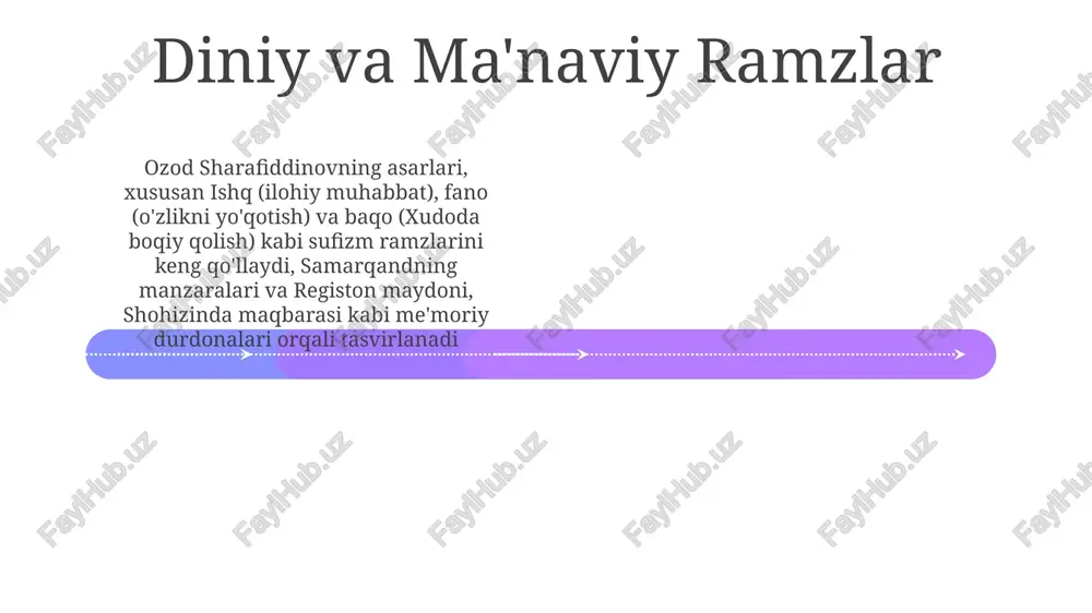 an toshkent ko'chalari va o'zbek madaniy motiflariga bag'ishlangan bo'lib, sovet sotsialistik realizmidan ta'sirlangan realizm uslubini namoyish etadi; masalan, "toshkentning eski shahri" (1987) va chorsu bozori tasvirlangan ko'plab rasmlari bunga misol 2000-yillarda ekspressionizm va abstraktsionizmga o'tish kuzatildi, yorqin ranglar va qalinroq cho'tka zarbalari bilan ajralib turdi. "ipak yo'li seriyasi" (2005-2010) kabi asarlari dinamik kompozitsiyalar va ramziy tasvirlarni aks ettiradi 2010-yildan keyingi yetuk asarlari avvalgi uslublarining sintezini namoyon etadi, realistik tafsilotlarni abstrakt ramkalarga birlashtiradi rang va yorug'likdan foydalanish uning rang tanlovi aniq vaqt va joyni eslatadi, quyoshning jigar ranglari (qizil, to'q sariq) kunduzgi quyoshni, sovuq ranglar (ko'k, yashil) esa soyali xiyobonlarni aks ettiradi sharafiddinovning mahorati yorugʻlikni syujet elementi sifatida qoʻllashda ham namoyon boʻladi; quyosh nuri koʻpincha uning kompozitsiyalarida asosiy shaxslar yoki meʼmoriy detallarni taʼkidlaydi ozod sharafiddinovning samarqand va buxoro manzaralarini (o'zbekiston) tasvirlaydigan yorqin rasmlari, chuqurlik yaratish uchun yorug'lik va soyaning kontrastini qo'llaydi, "qadimgi shahar" (taxminan 1980-yillar) va "ipak yo'li karavoni" (1990-yillar) kabi …