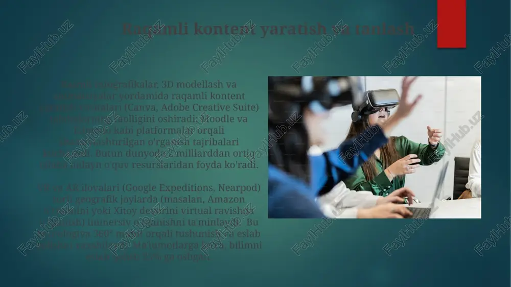 haxsiylashtirilgan oʻquv yoʻllari yaratildi. adaptiv oʻquv dasturlari (masalan, dreambox learning, ixl) talabalar jalb etilishini 20% ga va umumiy baholarni 7% ga oshirdi. sun'iy intellektga asoslangan tutorlik tizimlari sun'iy intellektli tutorlik tizimlari shaxsiylashtirilgan o'qitishni ta'minlaydi, o'quvchilarning ehtiyojlariga moslashadi (masalan, khan academy platformasi 70 milliondan ortiq o'quvchiga moslashtirilgan o'quv yo'llarini taqdim etadi) raqamli texnologiyalar (masalan, interaktiv simulyatsiyalar, virtual va kengaytirilgan reallik) immersiv tajribalar orqali qiziqish va tushunishni oshiradi. masalan, 2023 yildagi tadqiqot kaliforniyadagi 50 maktabda fan ta'limi uchun vr dan foydalanishda bilimni saqlash 25% ga oshganini ko'rsatdi e'tiboringiz uchun rahmat @taqdimot_robot image6.jpg image7.jpg image8.jpg image9.jpg image10.jpg image11.jpg image12.jpg image13.jpg image14.jpg image15.jpg image16.jpg image17.jpg image18.jpg image19.jpg image2.png image3.png image4.png image5.png