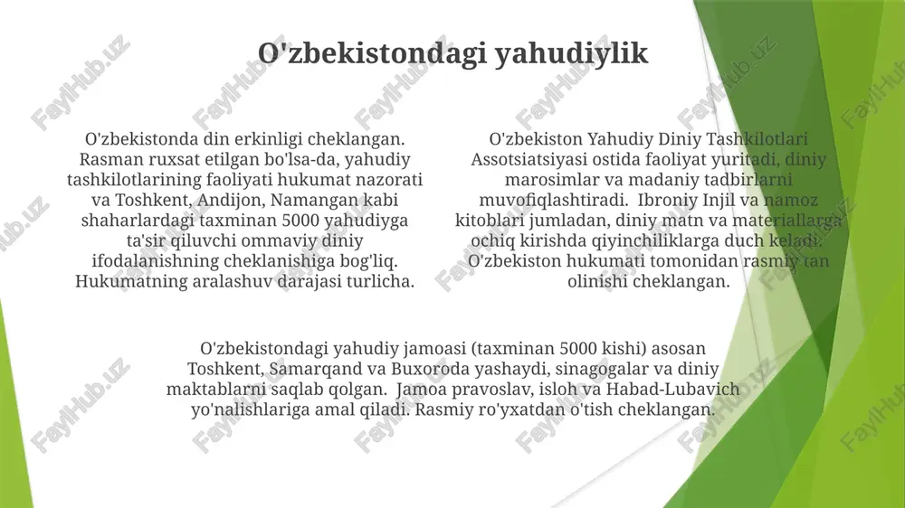di 2024-2030 yillardagi diniy demografiyaga ta'sir qiluvchi hukumat siyosati kelajakni belgilaydi, bu taxminan 90% musulmon aholining rasmiy institutlar bilan hamkorligiga yoki ro'yxatdan o'tmagan amaliyotlarga ta'sir qilishi mumkin o'zbekistonning diniy manzarasi o'zbekiston diniy manzarasida sunniy islom (hanafiy mazhabi) ustunlik qiladi, aholining taxminan 90% musulmon deb hisoblanadi; rasman tan olingan o'zbekiston musulmonlari idorasi mamlakat bo'ylab 2000 dan ortiq masjidni, jumladan toshkent, samarqand va buxorodagi yirik masjidlarni nazorat qiladi hukumat qoidalari rasmiy ro'yxatdan o'tgan tashkilotlardan tashqarida diniy faoliyatni cheklaydi; ro'yxatdan o'tmagan diniy guruhlar ko'pincha yashirincha faoliyat yuritadi va huquqiy javobgarlikka duch kelishi mumkin rus pravoslav cherkovi, ayniqsa, toshkent va farg'ona vodiysidagi shaharlarda faoliyat yuritadi; baptistlar, xushxabarchilar va katoliklar kabi boshqa xristian konfessionalari turlicha darajadagi rasmiy tan olinish bilan faoliyat yuritadi va missionerlik faoliyatida cheklashlarga duch keladi o'zbekistondagi sufizm hukumatning nazorati imomlar tayinlash va madrasalarda o'quv dasturiga ham taalluqli bo'lib, mustaqil so'fiylik faoliyatini cheklaydi. taxminlarga ko'ra, amalda so'fiylik bilan shug'ullanadiganlar millionlab kishini tashkil qiladi, …