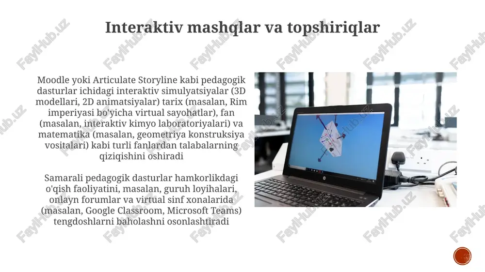 alabalar, masofadan o'qituvchilar) ijobiy tajriba yaratadi o'quv analitikasi va ma'lumotlar ta'lim ma'lumotlarini qazib olish usullari klasterlash va tasniflash algoritmlaridan foydalanib, turli manbalardan (masalan, lms, talabalar axborot tizimlari, o'quv boshqaruv platformalari) to'plangan katta ma'lumotlar to'plamlarini (masalan, talabalar demografiyasi, oldingi o'quv yutuqlari, o'rganish xulqlari) tahlil qiladi berkeley kaliforniya universitetida bitta semestr davomida 5 ta turli kurs bo'limlarida o'quvchilarning jalb etilishini va motivatsiyasini oshirish uchun articulate storyline, adobe captivate yoki elucidat kabi pedagogik dasturlar yordamida interaktiv elektron o'quv modullari yaratildi. ma'lumotlar kurs dizaynini takomillashtirishga yordam beradi. multimedia integratsiyasi e'tiboringiz uchun rahmat @taqdimot_robot image4.jpg image5.jpg image6.jpg image7.jpg image8.jpg image9.jpg image10.jpg image11.jpg image12.jpg image13.jpg image14.jpg image15.jpg image16.jpg image17.jpg image18.jpg image19.jpg image20.jpg image1.png image2.png image3.png