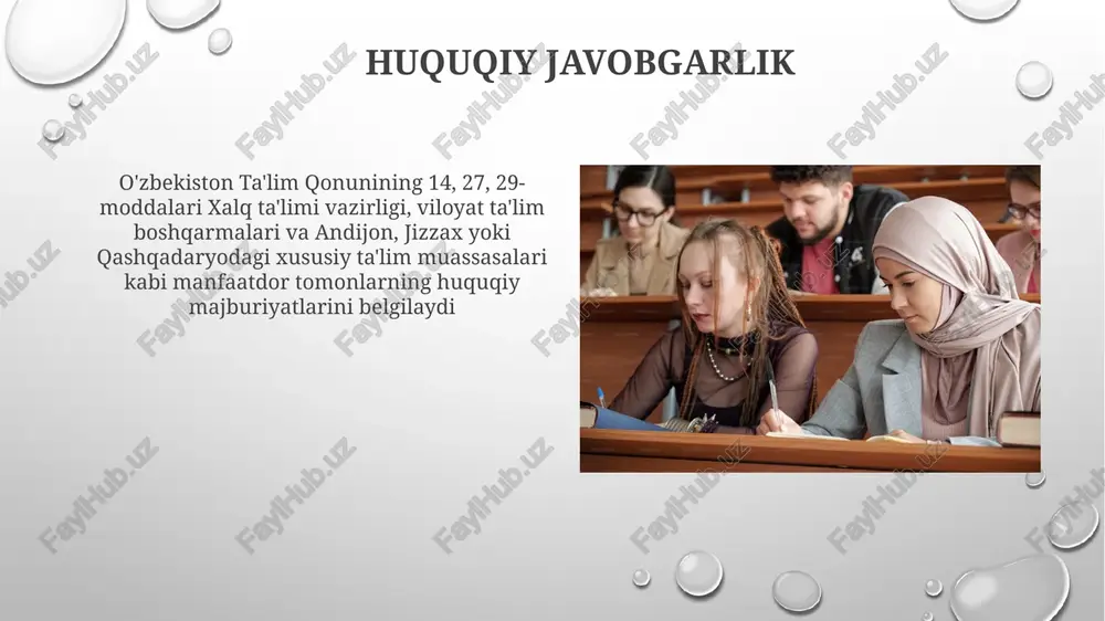 alan, 2005, 2017) ta'lim to'g'risidagi qonuni 12 viloyat va toshkentni qamrab oluvchi davlat ta'lim standartiga muvofiq maktabgacha ta'limni (3-6 yosh) majburiy qiladi ta'limning maqsad va vazifalari qonun barcha 14 viloyatda nogiron bolalar uchun inklyuziv ta'limni majburiy qiladi, ixtisoslashgan resurslarga va inklyuziv sinflarga kirishni ta'minlaydi o'zbekistonning 2017-yilgi (2023-yilda o'zgartirilgan) ta'lim to'g'risidagi qonuni 12000 dan ortiq maktabda 1,5 mln.dan ortiq o'quvchining har tomonlama rivojlanishiga qaratilgan bo'lib, toshkent, samarqand va boshqa hududlarda stem (fan, texnologiya, muhandislik, matematika) ko'nikmalari va raqamli savodxonlikni ustuvor qiladi o'qituvchilarni tayyorlash va malakasini oshirish o'qituvchilar tayyorgarligi pedagogika kurslarini (kamida 60 kredit), o'zbek va rus tillaridagi maktablarda amaliyotni (kamida 12 hafta) va yangi malakali o'qituvchilar uchun majburiy mentorlik dasturlarini (kamida 2 yil) o'z ichiga oladi qonun kompetensiyaga asoslangan o'qituvchilar tayyorlashga, 5 asosiy yo'nalish bo'yicha baholashga (pedagogik ko'nikmalar, fan bo'yicha bilimlar, akt savodxonligi, muloqot ko'nikmalari va professional axloq) urg'u beradi ta'lim muassasalari xalq ta'limi vazirligi (xtv) tomonidan nazorat qilinadi, o'quv dasturlarini …