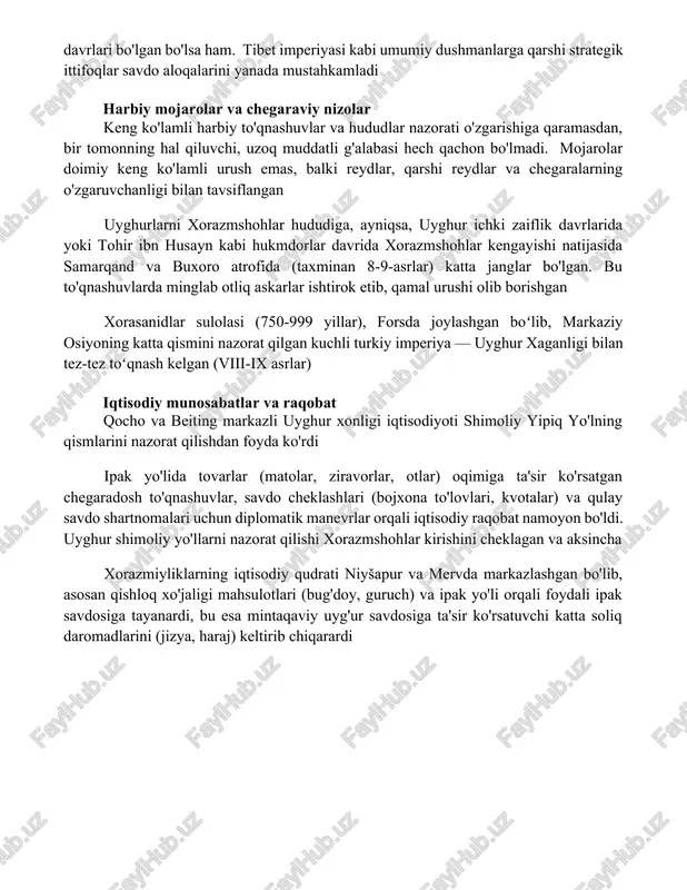 n. uyghur badiiy motiflari xorazmshohlar metall buyumlari va to'qimachiligiga ta'sir ko'rsatgan; shuningdek, fors uslublari qocho va tarim havzasidagi uyghur saroy madaniyatiga ta'sir qilgan xorasan-uyghur savdosi (8-9-asrlar) gullab-yashnadi, samarqand ipaklarini, nishapur, merv va bolxdan kelgan fors keramikalarini uyghur otlari, orxon vodiysidan olingan moʻynalar va hotandan kelgan yashmalarga ipak yoʻlining shimoliy shoxlarida almashtirdi. katta hajmdagi kumush va oltin tangalar bitimlarni osonlashtirdi. siyosiy ittifoqlar va oilaviy aloqalar (masalan, uyg'ur malikalari xorasanlik shahzodalarga turmushga chiqishi) munosabatlarni mustahkamladi, garchi mojarolar davrlari bo'lgan bo'lsa ham. tibet imperiyasi kabi umumiy dushmanlarga qarshi strategik ittifoqlar savdo aloqalarini yanada mustahkamladi harbiy mojarolar va chegaraviy nizolar keng ko'lamli harbiy to'qnashuvlar va hududlar nazorati o'zgarishiga qaramasdan, bir tomonning hal qiluvchi, uzoq muddatli g'alabasi hech qachon bo'lmadi. mojarolar doimiy keng ko'lamli urush emas, balki reydlar, qarshi reydlar va chegaralarning o'zgaruvchanligi bilan tavsiflangan uyghurlarni xorazmshohlar hududiga, ayniqsa, uyghur ichki zaiflik davrlarida yoki tohir ibn husayn kabi hukmdorlar davrida xorazmshohlar kengayishi natijasida samarqand va …
