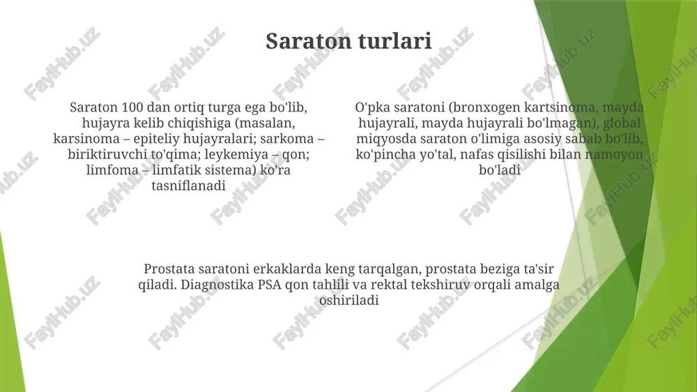 atsion terapiya (tashqi nurlanish, braxiterapiya), maqsadli terapiya (gerseptin, imatinib) va immunoterapiya (chek nuqta inhibitörlari) qoʻllaniladi sog'lom turmush tarzini saqlash (normal vazn, muntazam jismoniy mashqlar, spirtli ichimliklarni cheklash, chekishdan bosh tortish), to'g'ri ovqatlanish (meva-sabzavot, don mahsulotlari) va genetik omillarni hisobga olish. saraton - 100 dan ortiq kasalliklar guruhi bo'lib, nazoratsiz hujayra o'sishi bilan tavsiflanadi, limfa tugunlariga (masalan, bachadon bo'yni, qo'ltiq osti) va uzoq organlarga (masalan, jigar, o'pka, suyaklar) metastaz berishi mumkin va butun dunyoda millionlab odamlarga ta'sir qiladi e'tiboringiz uchun rahmat @taqdimot_robot