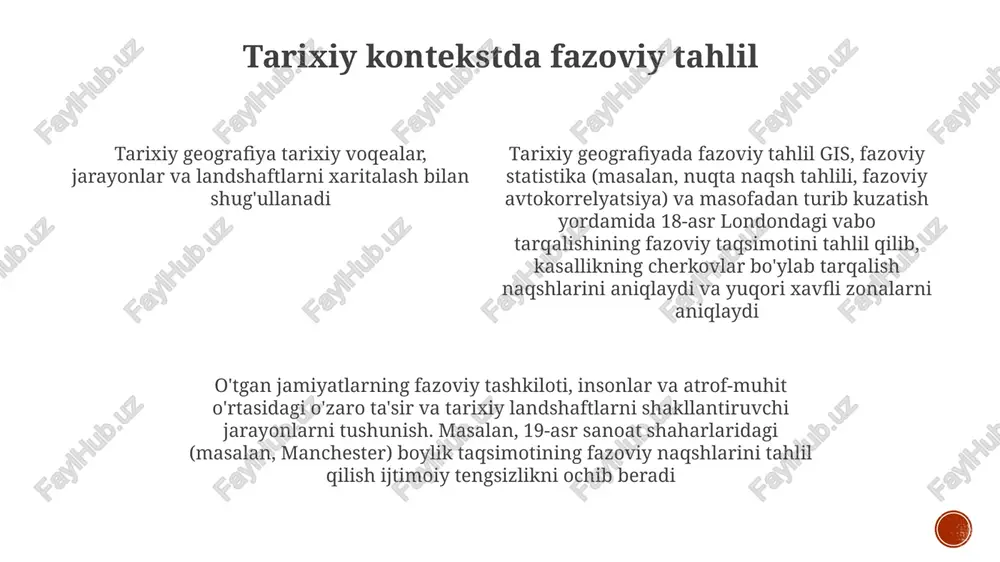 osildorligi) va ijtimoiy tuzumlarga (masalan, yer egaligi) ta'sirini ko'rsatadi ifugao (filippin)dagi sholi dalalari kabi madaniy landshaftlar asrlar davomida (masalan, 2000 yildan ortiq) inson va muhit o'zaro ta'siri natijasida shakllangan xarita va kartografiyaning roli tarixiy geografiya xaritalar (ptolemeyning "geographia"si, milodiy ii asr; kadastral xaritalar, xviii asr fransiyasi) va kartografik usullar yordamida fazoviy naqshlarni (masalan, rim britaniyasida shaharlashuv, milodiy i-iv asrlar; missisipi daryosi vodiysida qishloq xo'jaligining o'zgarishi, xix asr) tahlil qiladi tarixiy geografik tadqiqotlar uchun kartografik manbalar (masalan, 14-15-asr portolan xaritalari; 16-17-asrlar kashfiyotlar davri atlaslari) asosiy dalil hisoblanadi kasalliklarning tarixiy geografiyasi tarixiy kasallik geografiyasi kasallanish va o'limning fazoviy naqshlarini tahlil qiladi (masalan, xiv asr evropasidagi vabo, 1918 yildagi kansas sitidagi gripp pandemiyasi), atrof-muhit, ijtimoiy va infratuzilmaviy omillarni (masalan, londondagi sanitariya, buyuk ipak yo'li bo'ylab migratsiya yo'llari) aniqlaydi o'rta asr yevropasidagi qora o'limning o'lim statistikasining aniqligini baholash, jon snoun tomonidan xaritaga tushirilgan 1854-yilgi london vabo epidemiyasida kasallik klasterlarini aniqlash va 19-asr parijidagi sil …