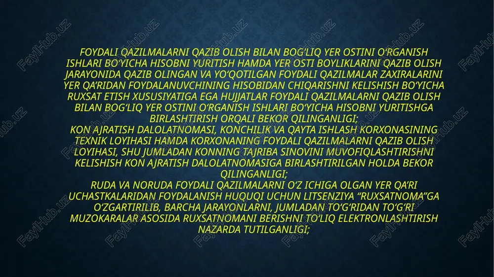 stkalaridan foydalanish huquqini davlat ro‘yxatidan o‘tkazish ruxsatnoma berishga vakolatli organlar tomonidan amalga oshiriladi. 94. yer qa’ri uchastkasidan foydalanish huquqini davlat ro‘yxatidan o‘tkazish yer qa’ri uchastkasidan foydalanish huquqi uchun ruxsatnomalar reyestriga tegishli yozuvni kiritish yo‘li bilan amalga oshiriladi. ruxsatnoma berishga vakolatli organ reyestrlarni yer qa’ri uchastkalaridan foydalanishning har bir turi bo‘yicha belgilangan tartibda alohida-alohida yuritadi. 95. har bir reyestrda quyidagilar ko‘rsatilgan bo‘lishi kerak: yer qa’ridan foydalanuvchi to‘g‘risidagi asosiy ma’lumotlar (nomi, tashkiliy-huquqiy shakli, soliq to‘lovchining identifikatsiya raqami, pochta manzili, telefon va faks raqamlari); foydalanishga berilgan yer qa’ri uchastkasining nomi; yer qa’ri uchastkasining turi va undan foydalanish maqsadi; ruxsatnoma berilgan sana va tartib raqami; ruxsatnomaning amal qilish muddati; ruxsatnomani qayta rasmiylashtirishning asosi va sanasi; yer qa’ri uchastkasidan foydalanish huquqini cheklash, to‘xtatib turish yoki tugatishning asosi va sanasi. 96. yer qa’ri uchastkasidan foydalanish huquqi uchun ruxsatnoma reyestrlaridagi ma’lumotlar, ochiq bo‘lgan ma’lumotlar bazasi hisoblanib, mazkur reyestr bilan yuridik va jismoniy shaxslar tanishib chiqishi mumkin. 97. …