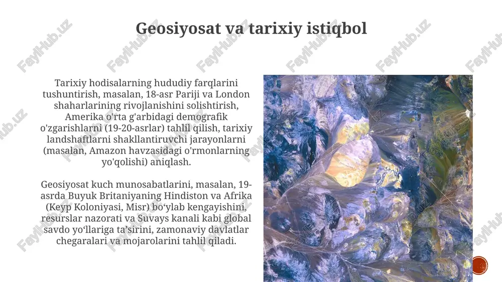 -1950 yillar oralig'ida janubiy italiyaning qishloq hududlaridan shimoliy italiyaning sanoatlashgan hududlariga va aqshga bo'lgan migratsiya oqimlari demografik tuzilmalarga ta'sirini) o'z ichiga oladi tarixiy geografiya o'tmishdagi fazoviy naqsh va jarayonlarni miqdoriy (aholi ro'yxati, soliq hujjatlari) va sifatli (xaritalar, sayohat yozuvlari) manbalar yordamida tushunishga qaratilgan. tarixiy tadqiqotlarda kartografiyaning o'rni kartografik manbalar (masalan, 17-asr gollandiya nyuy-amsterdam xaritalari, ptolemeyning "geographia"si) o'tmish landshaftlarini, aholi punktlarini (masalan, pompeiydagi rim shaharsozligi) va hududiy chegaralarni (masalan, muqaddas rim imperiyasi chegaralarining o'zgarishi) qayta tiklashda muhim ahamiyatga ega tarixiy geografiya vaqt o'tishi bilan fazoviy naqshlarni, inson-muhit o'zaro ta'sirini o'rganadi tarixiy landshaftlar va muhitlar tarixiy geografiya xaritalar, havo fotosuratlari va arxeologik ma'lumotlardan foydalanib, o'tmishdagi landshaftlarni (masalan, rim britaniyasining qishloq xo'jaligi tizimlari, milodiy i asr) tahlil qilib, turli miqyoslarda (mahalliy dan globalgacha) inson-muhit o'zaro ta'sirini o'rganadi e'tiboringiz uchun rahmat @taqdimot_robot image4.jpg image5.jpg image6.jpg image7.jpg image8.jpg image9.jpg image10.jpg image11.jpg image12.jpg image13.jpg image14.jpg image15.jpg image16.jpg image17.jpg image18.jpg image19.jpg image20.jpg image1.png image2.png image3.png