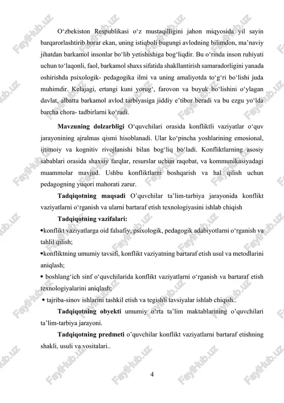 onfliktlarni aniqlash, turkumlashtirish, ularning darajasini belgilash va bartaraf etish metodlari ishlab chiqilgan. tabiiy hodisalardan biri bo‘lgan, konfliktga to‘g‘ri munosabat o‘rnatish inson tarbiyasi, uning shakllanishining zaruriy shartlaridan biri hisoblanadi. s.i.ojegovning rus tili izohli lug‘atida bu so‘z kiritilgan bo‘lib, misollar bilan tushuntiriladi, bundan ko‘rinib turibdiki, bu so‘z xx asrda keng qo‘llanilgan. ushbu lug‘atda konflikt so‘zi to‘qnashuv, jiddiy kelishmovchiliklar, bahs ma’nosini bildiradi. konflikt so‘zini ishlatmasdan yashash mumkin, biroq konfliktlarsiz yashash mumkin emas. agar lotin tilidan olingan bu so‘z bo‘lmaganda edi, u holda barcha zamonaviy tillarda to‘qnashuv, kelishmovchilik, bahs, kurash va shu kabi so‘zlar ishlatilgan bo‘lardi. va, nihoyat, mana shu ma’nolarni bildiruvchi umumiy so‘z topilgan bo‘lar edi. g‘arbda bu muammo bilan buyuk gumanistlar t.mor, e.rotterdamskiy, f.rable, f.bekon, g.spenser o‘z falsafiy g‘oyalarini ilgari suradi. ularning falsafiy qarashlarida konfliktologiyaning nazariy va amaliy jihatlari yoritilib berilgan bo‘lsada, yetarlicha asoslanmagan. chunki ular konflikt muammosinig faqat guruhlar, millatlar o‘rtasida sodir bo‘lishiga e’tibor qaratdilar. keyinchalik bu muammo bilan psixolog, pedagog, …