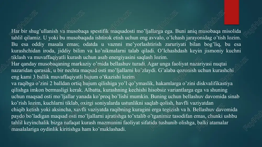 k. favqulodda vaziyatlarga tayyorgarlik: elektr ta'minoti yoki boshqa favqulodda holatlar uchun qo'shimcha chora-tadbirlarni ko'rish. 4. raqamli tizimlardan foydalanish elektron reyting va natijalar tizimi: ishtirokchilarning natijalarini tezkor va aniq ko‘rsatish uchun elektron reyting tizimini o‘rnatish. video qayd tizimi: bahsli holatlarda hakamlar video qayd tizimidan foydalanishi mumkin bo‘lgan tizimni tashkil qilish. bu hakamlarga qo‘shimcha ma’lumot beradi. hakamlik tizimi bosh hakami bosh hakami musobaqa tartibini ta'minlaydi va yakuniy qarorni qabul qiladi. yordamchi hakamlar yordamchi hakamlar musobaqaning belgilangan qoidalari asosida qarorlar chiqaradi. texnik xodimlar texnik xodimlar natijalarni qayd qilib, sportchilarni ma'lumotlar bilan ta'minlaydi. 9 sportchilarni tanlash va ruhlantirish 1 tanlov sportchilarni tanlashda ularning mahorat darajasi, jismoniy va psixologik holatini inobatga olish kerak. 2 tayyorgarlik yetarli tayyorgarlik, musobaqalarga mo'ljallangan mashqlar sportchilarni ruhiy jihatdan mustahkamlaydi. 3 ruhlanish oldiga qo'yilgan maqsadlarga erishish uchun sportchilarni ruhlantirib turish muhim. 10 musobaqa formatini tanlash individual sportchilar yakka tartibda musobaqalashadi. jamoaviy sportchilar guruhlarda musobaqalashadi. aralash individual va jamoaviy musobaqalar birlashtirilib o'tkaziladi. …