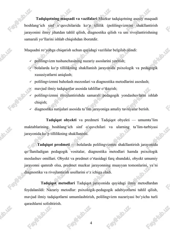 ib, u bir vaqtning o‘zida ikki va undan ortiq tillarni bilish, ularni faol qo‘llash hamda nutqiy faoliyat jarayonida turli kommunikativ vaziyatlarga mos ravishda foydalanish qobiliyatini o‘zida mujassam etadi. psixolingvistika nuqtayi nazaridan ko‘p tillilik inson ongida ikki yoki undan ortiq til tizimlarining shakllanishi va ularning faoliyat jarayonidagi o‘zaro ta’sirini o‘rganadi. bunda tilni o‘rganish jarayoni faqat lingvistik birliklarni o‘zlashtirish bilangina chegaralanib qolmay, balki idrok, xotira, tafakkur, diqqat, hissiyot kabi psixik jarayonlar bilan ham chambarchas bog‘liq bo‘ladi. shu sababli polilingvizm nafaqat tilshunoslik, balki kognitiv psixologiya uchun ham tadqiqot obyekti hisoblanadi. ko‘p tillilikning muhim jihatlaridan biri shundaki, u shaxsning kommunikativ kompetensiyasini kengaytiradi. bir nechta tillarda so‘zlasha oladigan bola turli madaniyat vakillari bilan muloqot qilish imkoniyatiga ega bo‘ladi. bu jarayon nafaqat lingvistik, balki ijtimoiy va madaniy tajribaning boyishiga ham xizmat qiladi. shuningdek, psixologik nuqtayi nazardan, ko‘p tillilik bolalarda moslashuvchanlik, tezkor fikrlash, ijodkorlik va muammoli vaziyatlardan chiqish qobiliyatini rivojlantiradi. polilingvizmni o‘rganishda bir necha ilmiy yondashuvlar mavjud. …