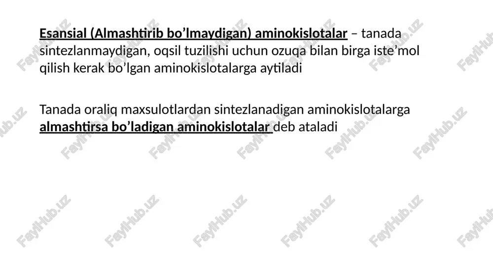 travma kuzatiladi > negatif muvozanat: azot iste’moli chiqarib yuborilishidan oz; ochlik va qarilikda kuzatiladi, negatif muvozanatda biosintetik azotga bo’lgan ehtiyoj ortadi. boshqaruvchi hosil bo’lish joyi tasir etish joyi ta’siri gistamin, gastrin, oshqozon oshqozon hcl va pepsinogen ajralishini ta’minlaydi enterogastron o’n iki barmoqli ichak oshqozon hcl va pepsinogen ajralishini tormozlaydi sekretin ichak pankreas, jigar pankreas: suv, gidrokarbonat ajratadi; jigar: o’t sintezlanishini kuchaytiradi xolesistokinin (pankreozimin) ichak pankreas, o’t pufagi pankreasdan ferment ajratadi, o’t pufagini qisqartiradi ximodenin ichak pankreas ximotripsinogenni ajratishini kuchaytiradi enterokinin, villikinin ichak ichak ichak faoliyatini kuchaytiradi hazmlanish jarayonini boshqaruvchilar aminokislotalarning so’rilishi hosil bo’lgan aminokislotalar na ga bog’liq aktif transport orqali so’riladi (sglt-1). g-glutamil sikli orqali tashiladi. reaksiya g-glutamil transferaza (ggt) katalizlaydi. aminokislotalarning so’rilishi ingichka ichak lumenidagi aminokislotalarning barchasi ingichka ichakning orta qismidan, ichak villuslarining hujayralari tarafidan so’riladi va ko’p qismi qonga o’tib jigarga tashiladi. energiya sarflanadigan yo’ldir 3 atf sarflanadi endogen oqsillarning parchalanishi inson tanasida doimo oqsil yangilanib turadi. bir …