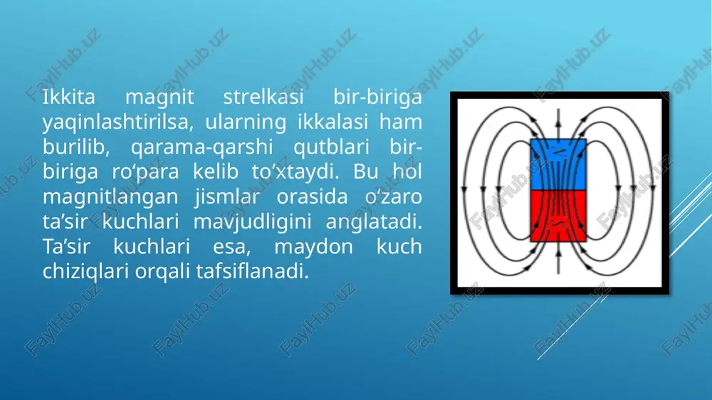 aʼsirida hosil boʻlishini koʻrsatadi. yarimoʻtkazgich kristallda atomlar valent elektronlari yordamida oʻzaro bogʻlangan. atomlarning issiqlik tebranishlari vaqtida issiqlik energiyasi valent elektronlar orasida notekis taqsimlanadi. ayrim elektronlar oʻz atomi bilan bogʻlanishni uzib, kristallda erkin koʻchib yurish imkonini beradigan yetarli miqdordagi issiqlik energiyasiga ega boʻlib qolishi va erkin elektronlarga aylanishi mumkin. lorents kuchi — magnit maydonda harakatlanayotgan zaryadli zarraga taʼsir etuvchi kuch. bu kuchni x. a. lorents 1884-yilda xoll efektiii taxlil etish jarayonida aniqlagan. lorents kuchi hamma vaqt zaryadli zarraning harakat tezligiga tik yoʻnalganligi sababli, hech qanday ish bajarmaydi va markazga intilma kuch vazifasini oʻtaydi,shu sababli u faqat zarra yoʻnalishini oʻzgartiradi lorens kuchi-elektromagnit maydonda harakatlanayotgan elektr zaryadlangan zarrachaga shu maydon tomonidan ta’sir qiladigan kuchni tavsiflovchi vektor kattalik. magnit maydon tomonidan tokli o‘tkazgichga ta’sir qiladigan kuch amper kuchi deb ataladi. o‘zidan i tok o‘tkazayotgan o‘tkazgichning dl elementiga ta’sir qiluvchi kuch vektorlarning ko‘paytmasiga to‘g‘ri proporsional df=ki|dlb| (1) yoki df=k|idlb|(2) df=kl dlb sin α(3) α=(dl ᐱ …