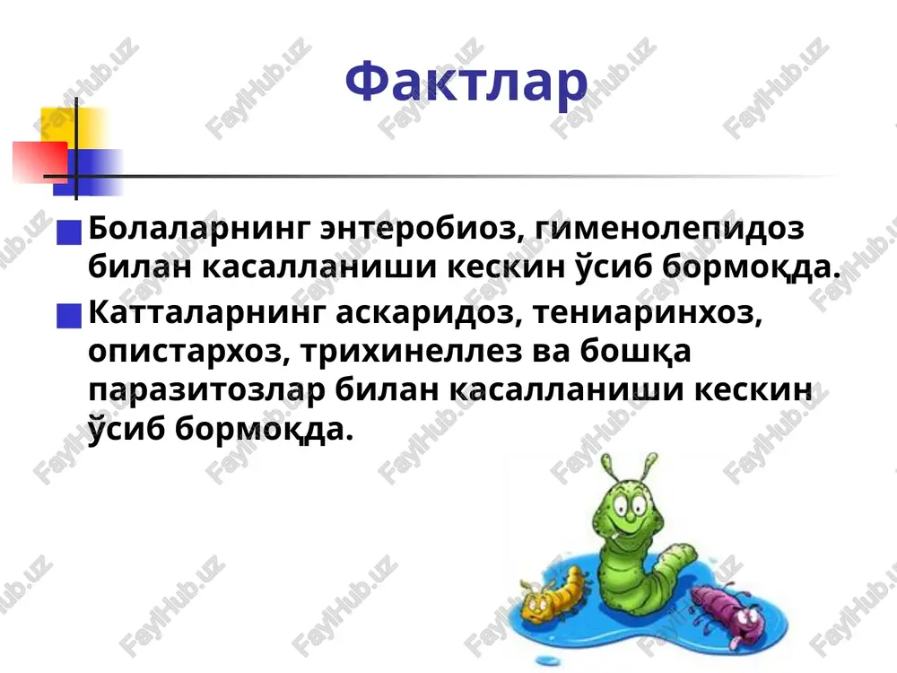 min) birmuncha samarali natija beradi: mebendazol (vermoks) – ovqatlanish vaqtida bir martalik ichishga buyuriladi; 3 yoshgacha bo'lgan bolalarga – 0,025 g, 3-6 yoshdagilarga – 0,05 g, 7 yosh va undan kattalarga – 0,1 g. samaradorligi – 80-87%. medamin – sutkasiga 10 mg/kg dan 3 marta qabul qilish uchun (barcha dozasini birdaniga qabul qilish mumkin), ovqatdan keyin, ko'p miqdordagi suv bilan qabul qilinadi. samaradorligi – 92%. davolash samaradorligining nazorati davolash kursi tugagach 15 kundan keyin o'tkaziladi. ‹#› gimenolepidoz – antroponoz ichak gelmintozi oshqozon-ichak traktining shikastlanishi bilan kechadi. qo'zg'atuvchisi. pakana gijja (hymenolepis nana) – odam va ba'zi sichqonsimon kemiruvchilarda parazitlik qiladi. morfologiyasi: mayda germofradit tsestoda, uzunligi 0,5-5,0 sm, tanasi 200-300 ta bo'g'imlardan tuzilgan, boshchasi 4 ta so'rg'ich va 20-30 ta ilmoqchalardan iborat. oxirgi bo'g'imlari to'liq etilgan bo'g'imlardan iborat. parazitning odam organizmidagi hayoti davomiyligi 1-2 oy. biroq, ko'p martalik ekzogen yuqtirish, ichak ichida “o'z-o'ziga yuqtirish” (autoinvaziya) yoki “takroran o'z-o'ziga yuqtirish” (autosuperinvaziya) hisobiga invaziya …