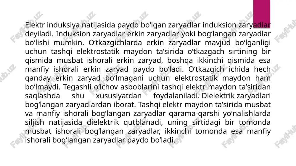 tör orqali oʻtmaydi, chunki uning plitalari bir-biridan ajratilgan. dielektrik. oʻzgaruvchan tok pallasida u kondansatörni tsiklik qayta zaryadlash orqali oʻzgaruvchan tok tebranishlarini oʻtkazadi, bu joy almashtirish oqimi deb ataladigan bilan yopiladi . kondensator asosiy xarakteristikasi, kondensator elektr zaryadini toʻplash qobiliyatini tavsiflovchi kapasitansıdır . nominal quvvatning qiymati kondensatorni belgilashda koʻrinadi, haqiqiy quvvat esa koʻplab omillarga qarab sezilarli darajada farq qilishi mumkin. kondensatorning haqiqiy sigʻimi uning elektr xususiyatlarini aniqlaydi. shunday qilib, sigʻimning taʼrifiga koʻra, plastinkadagi zaryad plitalar orasidagi kuchlanishga mutanosibdir (q = cu). odatda sigʻim qiymatlari pikofaraddan minglab mikrofaradgacha. biroq, oʻnlab faradgacha boʻlgan sigʻimga ega boʻlgan kondansatörler (ionistorlar) mavjud . xulosa xulosa shundan iboratki elektr oʻtkazgichlar — elektr oʻtkazuvchanlik xossasi yuqori (elektr tokini yaxshi oʻtkazadigan) va solishtirma qarshiligi kichik (r<10~4 omsm) boʻlgan moddalar. solishtirma qarshiligi katta (r~ 1014—1022omsm) moddalar izolyatorlar, bular bilan oʻtkazgichlar oʻrtasidagi moddalar esa yarimoʻtkazgichlar deyiladi. elektr oʻtkazgichlar jumlasiga metallar, elektrolitlar va plazmalar kiradi. metallarda erkin elektronlar, elektrolitlarda musbat va manfiy …