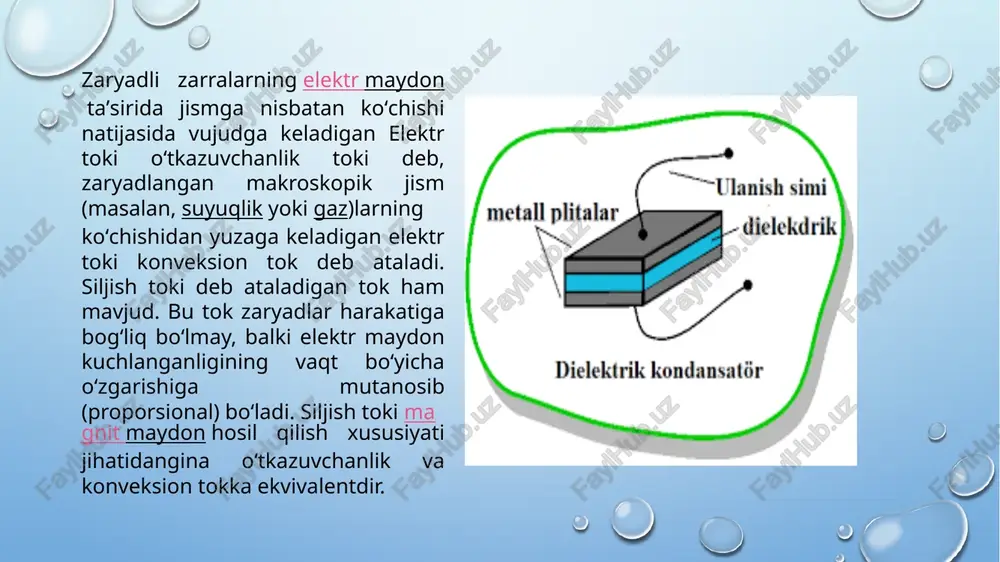 rsatmaydi. demak, tok kuchi nolga teng. kuchlanish ortishi bilan tok ma’lum qiymatgacha chiziqli bog‘lanishda ortib boradi. ionlagichlar ta’sirida gazlar oson ionlashadi. bunda ba’zi molekulalar shunchalik tez harakatlanadiki, hatto ular boshqa molekulalar bilan to‘qnashish natijasida ionlarga ajraladi. òemperatura qanchalik yuqori bo‘lsa, ionlar shuncha ko‘p hosil bo‘ladi. ionlashish natijasida atomdan ajralib chiqqan elektron biror muddat erkin qoladi yoki darhol gazning neytral molekulalaridan biri bilan birlashib, bu molekulani manfiy ionga aylantiradi. binobarin, ionlashgan gazda musbat va manfiy ionlar hamda elektronlar bo‘ladi shunday qilib, gazlarda metallarda bo‘ladigan elektron o‘tkazuvchanlik bilan elektrolitlarda bo‘ladigan ionli o‘tkazuvchanlik birga qo‘shiladi demak, gazlar elektron-ionli o‘tkazuvchanlikka ega. molekula yoki atomdan bitta elektronni ajratib chiqarish uchun ionlagich ma’lum ish bajarishi kerak, bu ish ionlashish ishi deb ataladi. ko‘pchilik gazlar uchun uning qiymati 5 dan 25 ev gacha yetadi. gazda ionlashish bilan birga ionlarning rekombinasiya jarayoni ham boradi. natijada ionlarning ma’lum konsentrasiyasi bilan xarakterlanuvchi muvozanat holat qaror topadi, ionlarning bunday konsentrasiyasi ionlagichning …