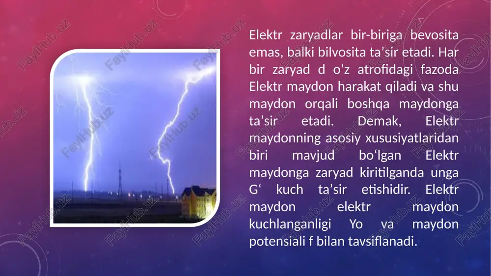 r, bog‘langan zaryadlarda bunday bo‘lmaydi. bo‘shliqdaesa va vektorlar ustma-ust tushadi. induksiya vektorining chizig‘i deb shunday chiziqqa aytiladiki, bu chiziqning har bir nuqtasiga o ‘tkazilgan urinmaning yo‘nalishi induksiya vektorining yo‘nalishi bilan ustm a-ust tushadi. chiziqning yo‘nalishi har bir nuqtada induksiya vektorining yo‘nalishi shu nuqtadagi chiziq yo‘nalishiga mos keladi deb hisoblanadi. xulosa shundan iboratki elektrostatika — fizikaning harakatsiz elektr zaryadlar maydoni va ularning oʻzaro taʼsirini oʻrganadigan boʻlimi. harakatsiz elektr zaryadlar hosil qilgan elektr maydon elektrostatik maydon deb ataladi. elektrostatikaning asosiy tenglamalari maksvell tenglamalarining xususiy holidir. elektr zaryadlar harakatsiz boʻlsa, yaʼni elektr toki boʻlmasa, magnit maydon boʻlmaydi, elektr maydon esa oʻzgarmasdan saqlanadi. elektromagnit impuls tushunchasidan foydalanib, yorug'lik bosimi deb ataladigan hodisani tekshirib koʻraylik. maʼlumki, yorugʻlik — bu tarqaluvchi elektromagnit maydon, yaʼni elektromagnit to'lqindan iborat. xulosa 1. internet tarmoqlari 2. vikipendiyalar 3. ziyo.net 4. lex.uz foydalanilgan adabiyotlar e’tiboringiz uchun raxmat image3.png image4.jpeg image8.png image10.png image5.png image6.png image7.png image9.png /docprops/thumbnail.jpeg