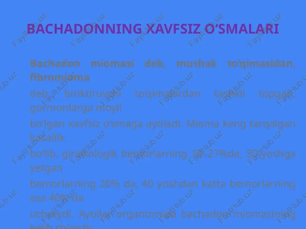 asta-sekin, ko‘pincha 50 yoshdan keyin kuzatiladi. metastatik rak (10–30%) tuxumdonga, asosan, oshqozon va ichak rakidan limfa va qon orqali o‘tadi. shuning uchun tuxumdonda siljimaydigan, notekis, qattiq konsistensiyali o‘sma topilsa, albatta, oshqozon ichak yo‘llarini endoskopiya, irrigoskopiya, rentgenografiya usullari bilan tekshirish kerak. chunki, metastazli rakni operatsiya yo‘li bilan davolab bo‘lmaydi. image2.png image3.png image4.png image5.png