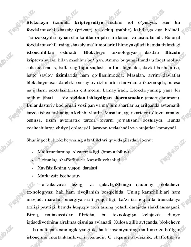 ning” jarayoni orqali yaratiladi. bitcoin dunyoda to‘lov vositasi, investitsiya shakli va raqamli aktiv sifatida keng qo‘llanadi. 2. ethereum (eth) ethereum — faqat to‘lov tizimi emas, balki dasturiy platforma hamdir. u “aqlli shartnomalar” (smart contracts)ni yaratish va ishga tushirish imkonini beradi. ethereum tarmog‘ida yaratilgan ko‘plab loyihalar defi (markazlashmagan moliya) sohasining asosini tashkil etadi. 3. litecoin (ltc) litecoin — bitcoinning soddalashtirilgan va tezroq versiyasi sifatida yaratilgan. uning asosiy afzalligi — tranzaksiyalarni qayta ishlash tezligi yuqori, shuningdek, komissiya to‘lovlari past. 4. ripple (xrp) ripple tizimi banklararo to‘lovlar uchun mo‘ljallangan bo‘lib, dunyo miqyosidagi yirik moliyaviy tashkilotlar tomonidan ishlatiladi. xrp tokeni xalqaro o‘tkazmalarni tez va arzon amalga oshirish uchun yaratilgan. 5. binance coin (bnb) bnb dastlab binance kriptovalyuta birjasi uchun yaratilgan ichki token edi. bugungi kunda u turli to‘lovlar, savdo operatsiyalari va hatto boshqa loyihalarda investitsiya vositasi sifatida ishlatiladi. 6. tether (usdt) tether — bu “steyblkoin” turiga kiradi, ya’ni u real valyutaga, odatda aqsh dollariga …