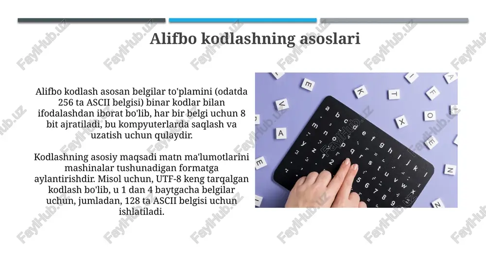 uzilishi mumkin (n - bitlar soni), bu esa ma'lumotlarning to'liq ochilishiga olib kelishi mumkin; shuning uchun doimiy tekshiruv zarur. alifbo kodlashning kelajagi alifbo kodlashning kelajagi kvant hisoblashning rivojlanishi bilan chambarchas bog'liq, bu esa an'anaviy shifrlash algoritmlariga qaraganda ancha murakkab va xavfsiz kodlash usullarini (masalan, kvant kalit taqsimoti) yaratish imkonini beradi. sun'iy intellekt (si) alifbo kodlashda muhim rol o'ynaydi, masalan, si asosida yangi kodlash algoritmlarini ishlab chiqish yoki mavjud algoritmlarning 256-bitli aes kabi murakkabligini oshirish, shuningdek, potentsial zaifliklarni aniqlash va bartaraf etish uchun ishlatilishi mumkin. alifbo kodlashda misollar ascii kodlashda 'a' harfi 65 raqami bilan ifodalanadi, 'b' esa 66 bilan. har bir belgiga 0 dan 127 gacha bo'lgan noyob son beriladi, bu esa oddiy matnlarni kodlash imkonini beradi. mors alifbosida har bir harf nuqtalar va chiziqchalar kombinatsiyasi bilan ifodalanadi. misol uchun, 'sos' signali uchta nuqta, uchta chiziqcha va uchta nuqtadan (···–––···) iborat. amaliy mashqlar: kodlash oddiy alifbo kodlashda a=1, b=2 va …