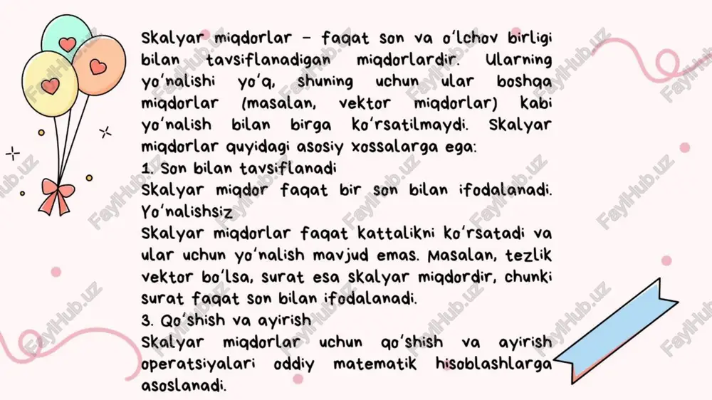 ble expressions) o'zgarmali ifodalar esa o'zgaruvchilardan foydalanadi. o'zgaruvchilar — bu qiymati o'zgarmasi mumkin bo'lgan belgilar (odataning harflar). ayniyat — bu ikki shaklning yoki ob'ektning har bir qismi boshqa shaklga yoki ob'ektga to'liq mos kelishi, ya'ni o'lchamlari va shakli ayni bo'lishi. agar ikkita shakl ayni bo'lsa, ularning o'lchamlari, burchaklari va boshqalar to'liq bir xil bo'ladi. ayniyat belgilari odatda "≅" bilan ko'rsatiladi. ayniy shakl almashtirish (congruence transformation) ayniy shakl almashtirish (ya'ni, geometrik transformatsiya) — bu shaklning o'lchamlari va burchaklari o'zgarmay turib, shaklni joylashtirish yoki aylantirish kabi o'zgartirishlarni amalga oshiruvchi jarayon. ayniy shakl almashtirishda shaklning o'lchamlari, burchaklari, uzunliklari va boshqa xususiyatlari saqlanadi. sonli tenglik (equation) sonli tenglik — bu ikki ifodaning tengligini bildiruvchi matematik ibora bo'lib, ular o'zaro = (tenglik) belgisi bilan bog'lanadi. tenglikda har ikkala tomonda ifodalangan qiymatlar bir-biriga teng bo'ladi. tenglikni yechishda asosiy qadamlar tenglikdagi o'zgaruvchini aniqlash. tegishli matematik amallarni qo'llash (qo'shish, ayirish, ko'paytirish, bo'lish). natijani tekshirish. tengsizlik — bu ikki …