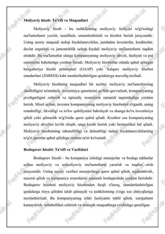 sh xatosi: no elements provided] moliyaviy va boshqaruv hisobining integratsiyasi garchi moliyaviy va boshqaruv hisobi turli maqsadlarga ega bo'lsa-da, ular o'rtasida uzviy bog'liqlik mavjud. boshqaruv hisobida qo'llaniladigan ma'lumotlarning ko'p qismi moliyaviy hisobot ma'lumotlariga asoslanadi. misol uchun, mahsulot narxini aniqlash uchun boshqaruv hisobi moliyaviy hisobotdagi xarajatlar to'g'risidagi ma'lumotlardan foydalanadi. bundan tashqari, boshqaruv hisobotining natijalari moliyaviy hisobotga ham ta'sir qilishi mumkin. masalan, xarajatlarni kamaytirish bo'yicha boshqaruv hisoboti natijalari kompaniyaning foyda ko'rsatkichlarining yaxshilanishiga olib kelishi mumkin. kompaniyalar moliyaviy va boshqaruv hisobini integratsiyalash orqali samaraliroq qarorlar qabul qilishi mumkin. integratsiyalashgan tizim menejerlarga kompaniyaning moliyaviy holati va ichki faoliyati to'g'risida to'liq ma'lumot beradi. bu, o'z navbatida, resurslarni yanada samarali taqsimlash, xarajatlarni kamaytirish va rentabellikni oshirishga yordam beradi. ko'pgina zamonaviy buxgalteriya dasturlari moliyaviy va boshqaruv hisobi funksiyalarini birlashtirgan holda, kompaniyalarga integratsiyalashgan tizimni osonlik bilan joriy etish imkonini beradi. bunday integratsiya kompaniyalarning raqobatbardoshligini oshirish va barqaror o'sishni ta'minlashga xizmat qiladi. moliyaviy va boshqaruv hisobi: ta'riflar, maqsadlar va …