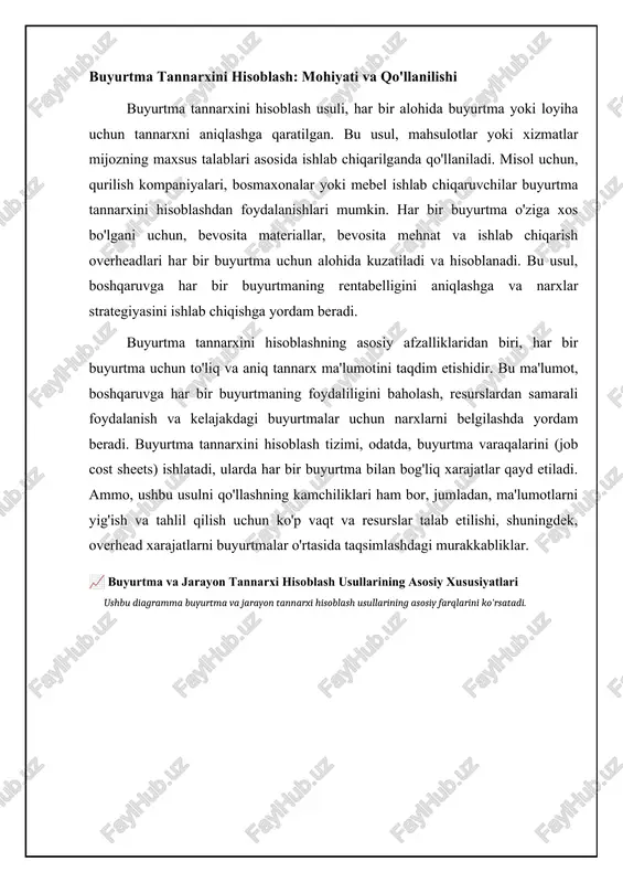 oblash usuli, buyurtma va jarayon tannarxini hisoblash usullarining elementlarini birlashtiradi. bu usul, mahsulotlar bir nechta bosqichlardan o'tadigan, ammo har bir bosqichda turli xil xususiyatlarga ega bo'lgan hollarda qo'llaniladi. misol uchun, kiyim-kechak ishlab chiqaruvchi kompaniya gibrid tannarxini hisoblashdan foydalanishi mumkin, bunda matoni tayyorlash jarayon tannarxi usuli bilan hisoblanadi, lekin har bir kiyimning dizayni va tikilishi buyurtma tannarxi usuli bilan hisoblanadi. gibrid tannarxini hisoblash, kompaniyaga har bir mahsulotning tannarxini aniqroq aniqlashga imkon beradi, chunki u har bir bosqichning o'ziga xos xususiyatlarini hisobga oladi. bu usul, boshqaruvga narxlash strategiyasini ishlab chiqish va ishlab chiqarish jarayonlarini takomillashtirish bo'yicha yaxshiroq qarorlar qabul qilishga yordam beradi. gibrid tannarxini hisoblash tizimini joriy qilish, odatda, buyurtma va jarayon tannarxi usullarining afzalliklarini birlashtirgan murakkab tizimni yaratishni talab etadi. shuningdek, bu usulni qo'llash uchun, kompaniyaning ichki ma'lumotlar bazasi va texnologiyalari yaxshi rivojlangan bo'lishi kerak. 📊 buyurtma va jarayon tannarxini hisoblash: asosiy ma'lumotlar ushbu statistika buyurtma va jarayon tannarxini hisoblash usullari …