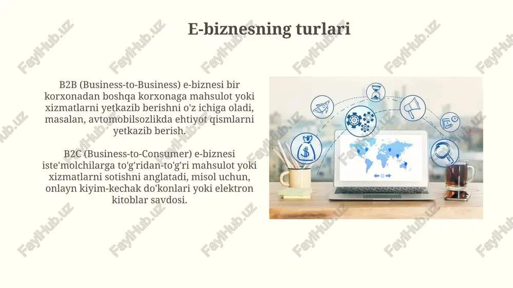zishdan saqlanishni nazarda tutadi, bu biznesning obro'siga jiddiy zarar yetkazishi mumkin. e-biznes xavfsizligi e-biznes xavfsizligi ssl/tls shifrlash protokollaridan foydalanishni o'z ichiga oladi, bu ma'lumotlarni himoya qiladi va xaridorlarning shaxsiy ma'lumotlarini himoya qilish uchun juda muhimdir. kiberhujumlarning oldini olish uchun doimiy ravishda xavfsizlik devorlari va kirishni aniqlash tizimlarini (ids) yangilab turish muhim, bu tizimlar ruxsatsiz kirish urinishlarini aniqlaydi. e-biznesni rivojlantirish istiqbollari e-biznesning rivojlanish istiqbollaridan biri sun'iy intellekt (ai) va mashinani o'rganish texnologiyalarining keng qo'llanilishi bo'lib, 2025-yilga borib avtomatlashtirish darajasini 60% ga oshiradi. blokcheyn texnologiyasi e-biznesda xavfsizlikni ta'minlash va tranzaksiyalarni shaffoflashtirishda muhim rol o'ynaydi, 2024-yildan boshlab ta'minot zanjirida qo'llanilishi kutilmoqda. e-biznesning o'zbekistondagi holati va rivojlanishi o'zbekistonda e-biznes asosan elektron tijoratga qaratilgan bo'lib, 2023-yilda chakana savdo hajmining 5 foizini tashkil etdi, bu raqam kelajakda sezilarli o'sishi kutilmoqda. o'zbekiston hukumati e-biznesni rivojlantirish uchun bir qator imtiyozlar va dasturlarni taklif qilmoqda, shu jumladan it-parklarda ro'yxatdan o'tgan kompaniyalar uchun soliq imtiyozlari mavjud. e-biznesni joriy etishdagi qiyinchiliklar …