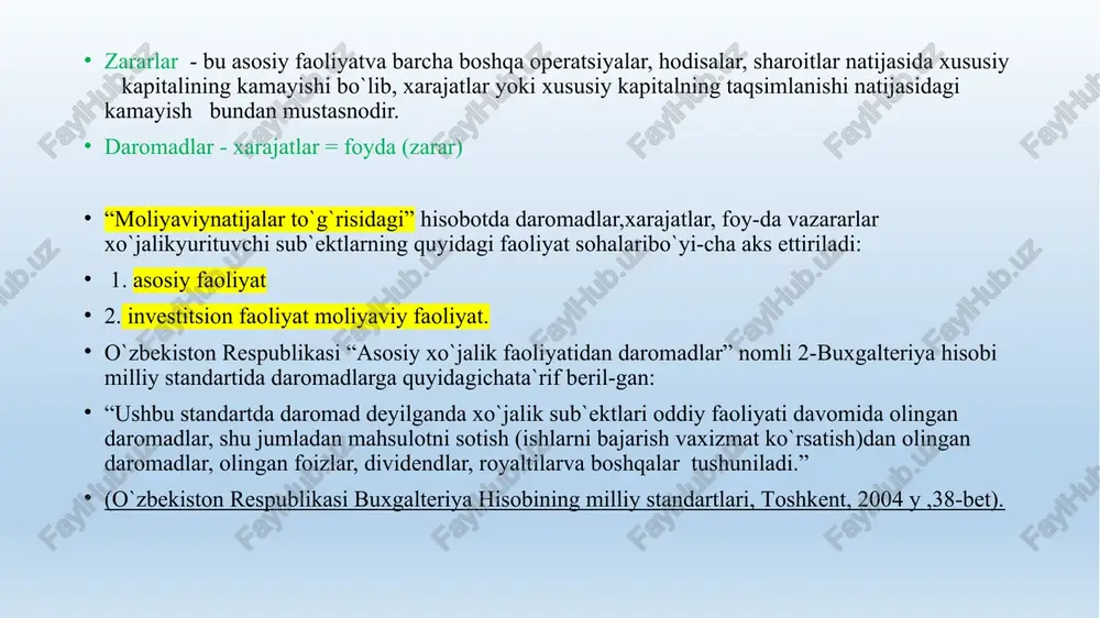 nazaridan buxgalteriya balansida majburiyat sifatida aks ettirilgan mablag`larni to`lash yokixizmat ko`rsatish majburiyatini yuklaydi. moliyaviy natijalar to`g`risidagi hisobotda ushbu davrga tegishli bo`lgan daromadlar va xarajatlar aks ettirilishi kerak. hisoblash tamoyili muvofiqlik tamoyiliga to`g`ri keladi, ya`ni daromad pul mablag`lari olinganda emas, tovar sotilganda yoki xizmat ko`rsatilganda hisoblanadi. hisoblash tamoyili qo`llanilganda xarajatlar pul mablag`lari to`langan vaqtidan qat`iy nazar ular bilan bog`liq bo`lgan daromad tan olingan davrda tan olinadi. masala: “andijon qurilish mchj” 2025-yil 10-noyabrda binoga ta’mirlash xizmatini ko‘rsatish bo‘yicha 15 000 000 so‘mlik shartnoma tuzdi. ish 2025-yil 20-dekabrda to‘liq bajarildi. xizmatni bajarish uchun sarflangan xarajatlar — 9 000 000 so‘m. buyurtmachi to‘lovni 2026-yil 15-yanvarda amalga oshiradi. tahlil: xizmat 2025-yil dekabrda to‘liq bajarilgan → daromad 2025-yilda tan olinadi. xizmatni bajarish uchun sarflangan xarajatlar ham shu daromad bilan bog‘liq → xarajat ham 2025-yilda tan olinadi. to‘lov 2026-yilda kelgani sababli, u faqat pul tushumi, daromad emas. buxgalteriya yozuvlari (provodkalar): 1. 2025-yil 20-dekabrda (xizmat bajarilganda): debet 4010 …